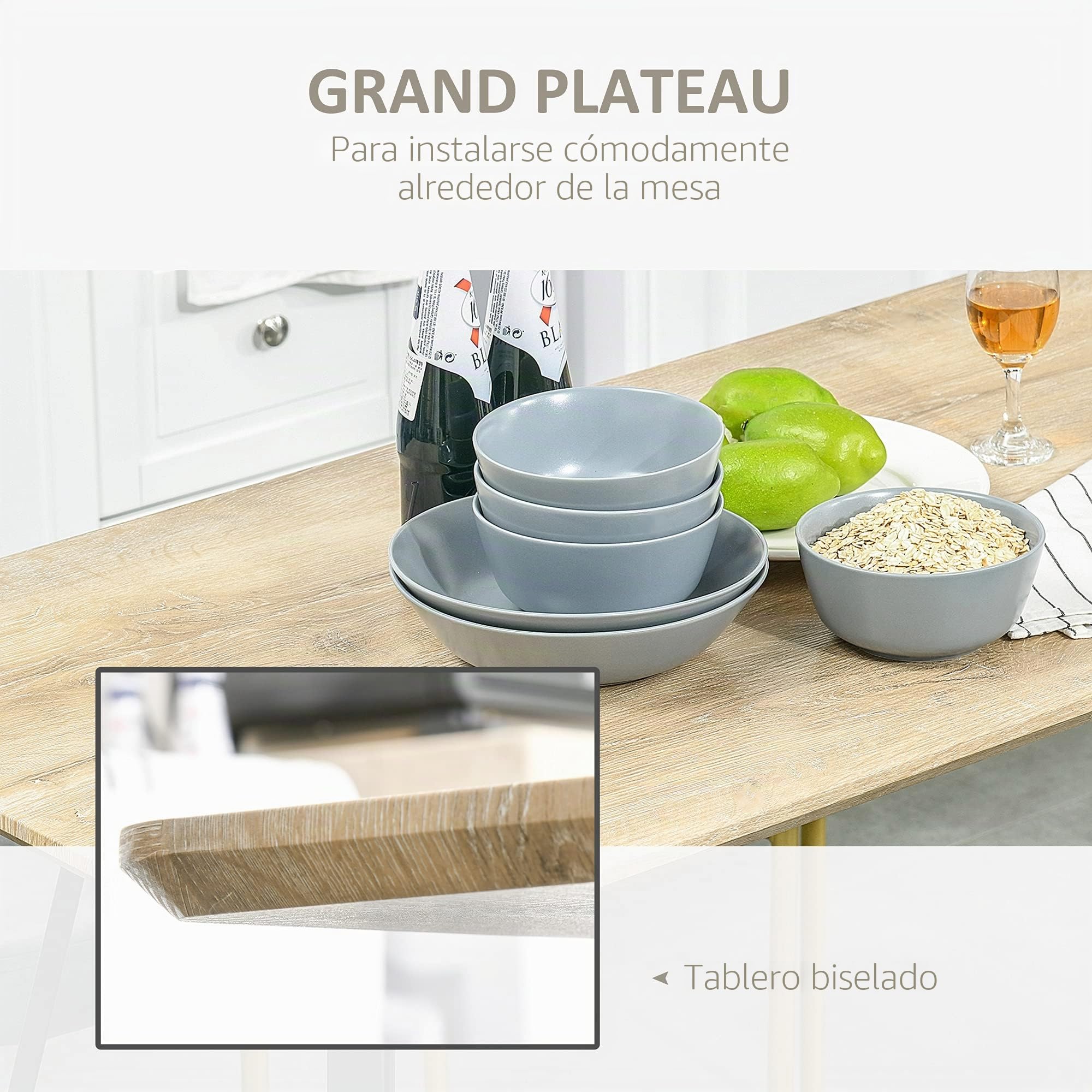 HOMCOM Mesa de Comedor Tablero Grande, 120x60x75 cm, Negra, Roble Claro | Diseño industrial, patas de metal tipo horquilla, MDF.