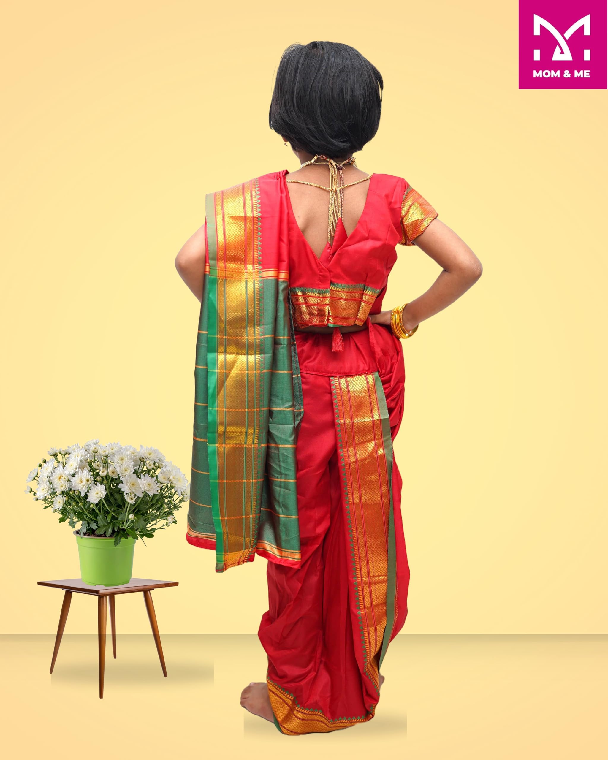 Mom and Me Nauvari Saree for Girls/Baby Girl, Ready to Wear, Marathi Maharashtrian Traditional Saree, Festival Outfit for Puja, Ganpati Festival, School Programs stitch Blouse (Red, 9-10 Years) - Image 5 thumbnail
