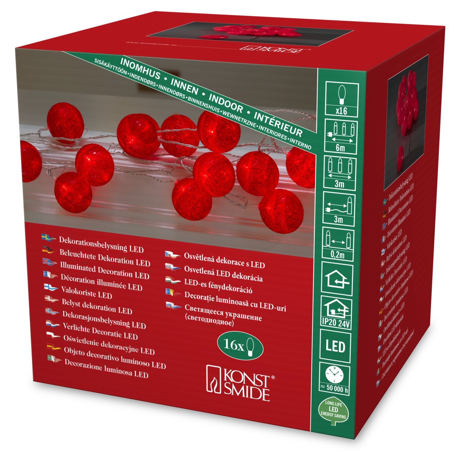 Konstsmide LED Dekolichterkette, rote Baumwollkugeln, groß, 16 rote Dioden, 24V Innentrafo, transparentes Kabel - 3136-553