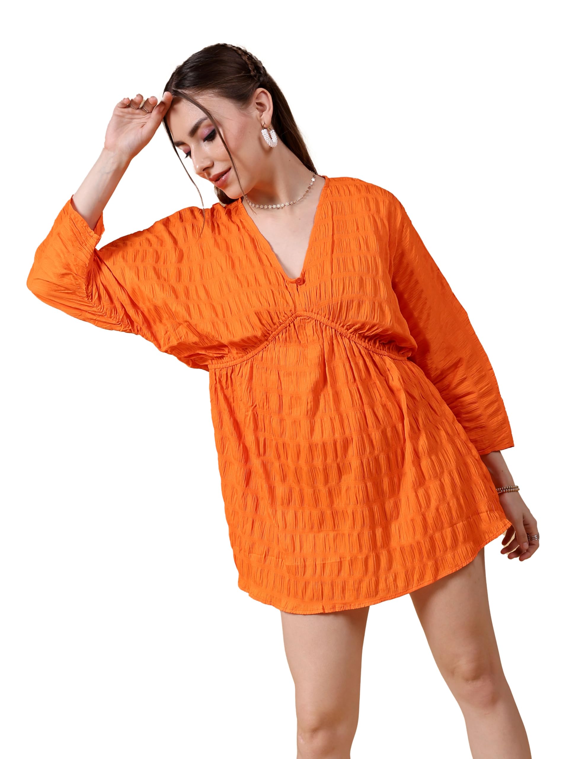 Freehandby The Indian Garage Co Women Fit and Flared Casual Solid Dolman Sleeves Dress