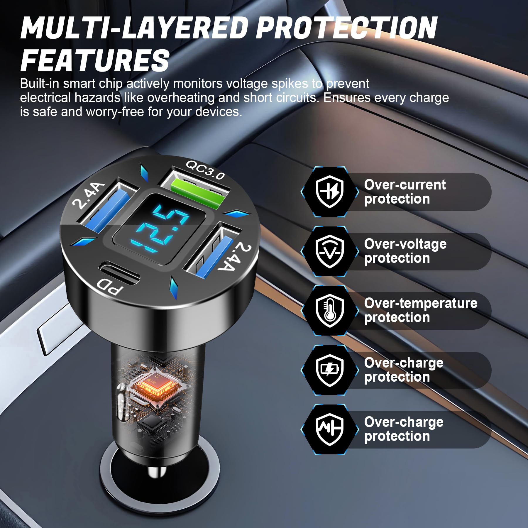 LivTee Kfz-Ladegerät mit 4 Anschlüssen, 12-24 V Zigarettenanzünder-Adapter mit 3 USB- und 1-USB-C-Anschluss, unterstützt QC/PD-Schnellladung, verfügt über Digitalanzeige und LED-Lichter, passend für