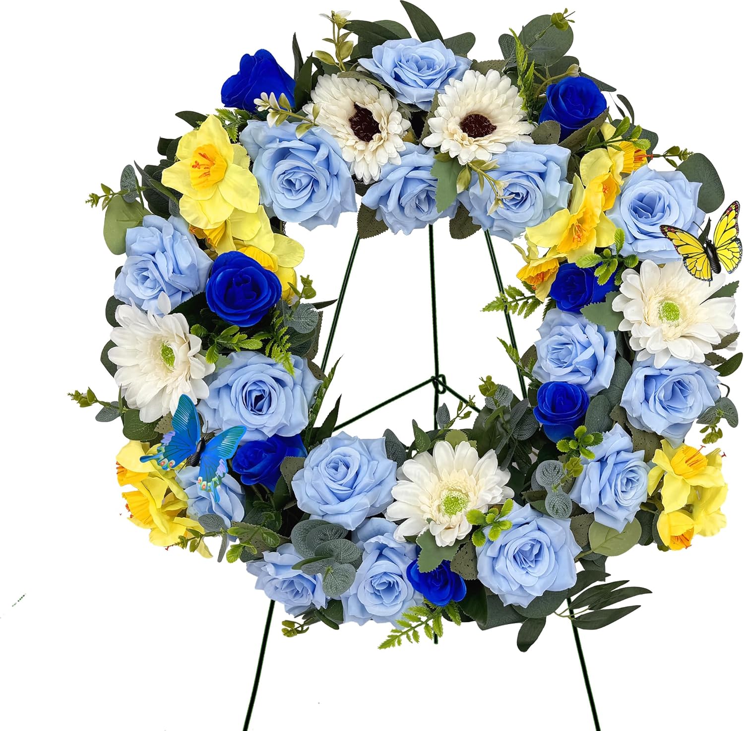 MUVIC Handmade Cemetery Wreath with Grave Holder, Artificial Flower Wreaths for Tombstone Decoration of Memorial Day/Mother's Day/Father's Day/Christmas,Blue,Yellow,White