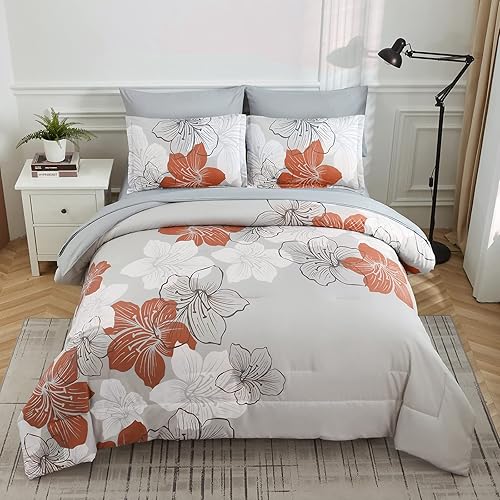 Miniatura 3 de Juego de edredón floral tamaño King, estampado floral terracota en gris claro, microfibra suave de 7 piezas cama en una bolsa (1 edredón, 2 fundas