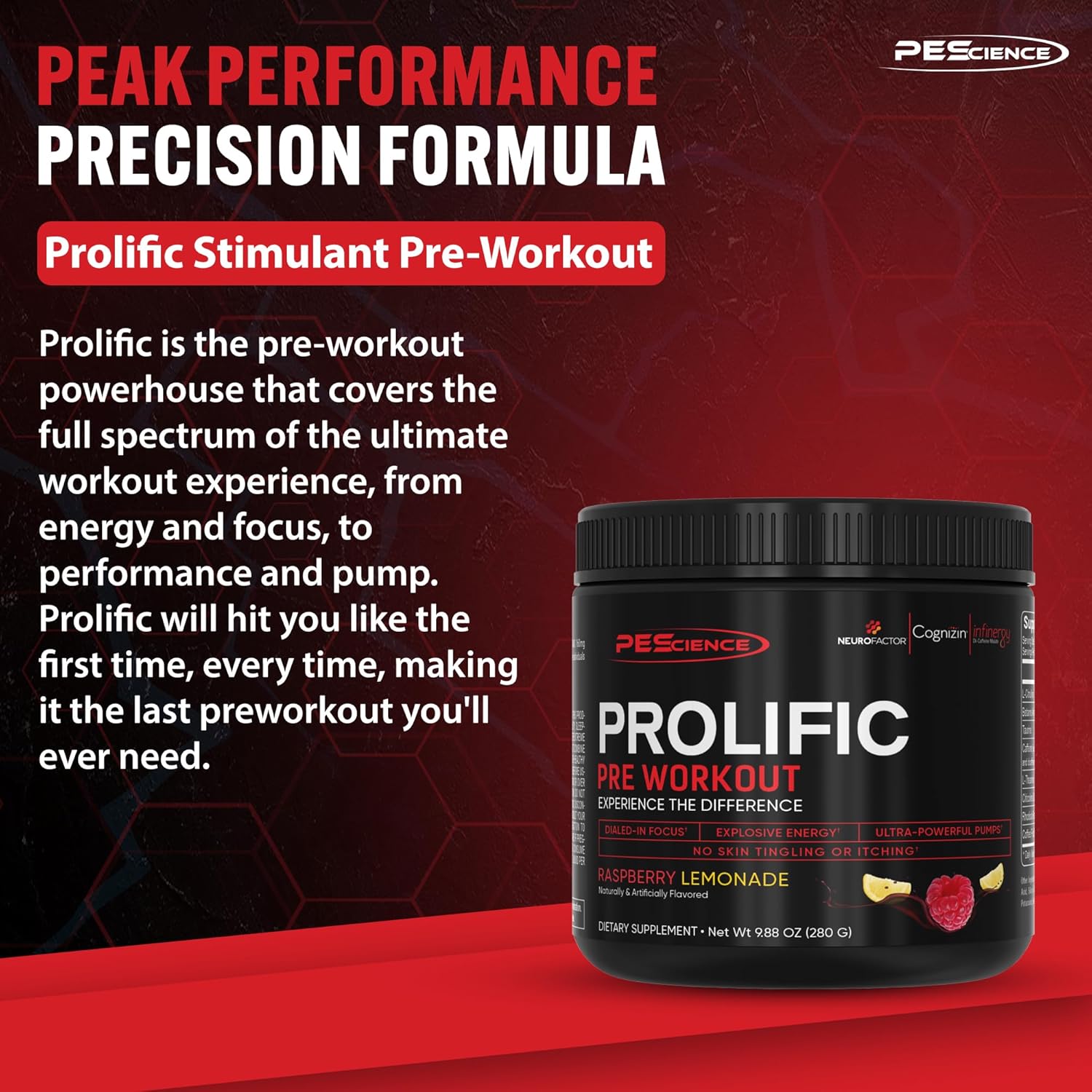 PEScience Prolific Pre Workout Powder for Men & Women with L-Citrulline Nitric Oxide Booster, Energy Powder & Nootropic for Focus – Preworkout Without Beta Alanine – 40 Scoops, Raspberry Lemonade
