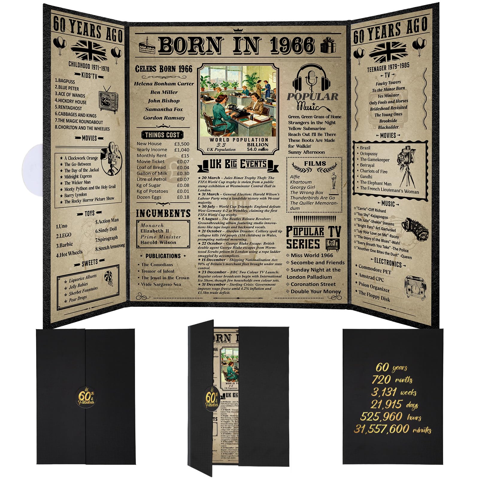 Thboxes Born In 1966 UK Birthday Poster,60th Birthday Gifts for Men Women Vintage Foldable Born In 1966 Newspaper, Happy 60th Decorations Supplies for 60 Years Old Grandpa, Grandma, Dad, Mom, Friends