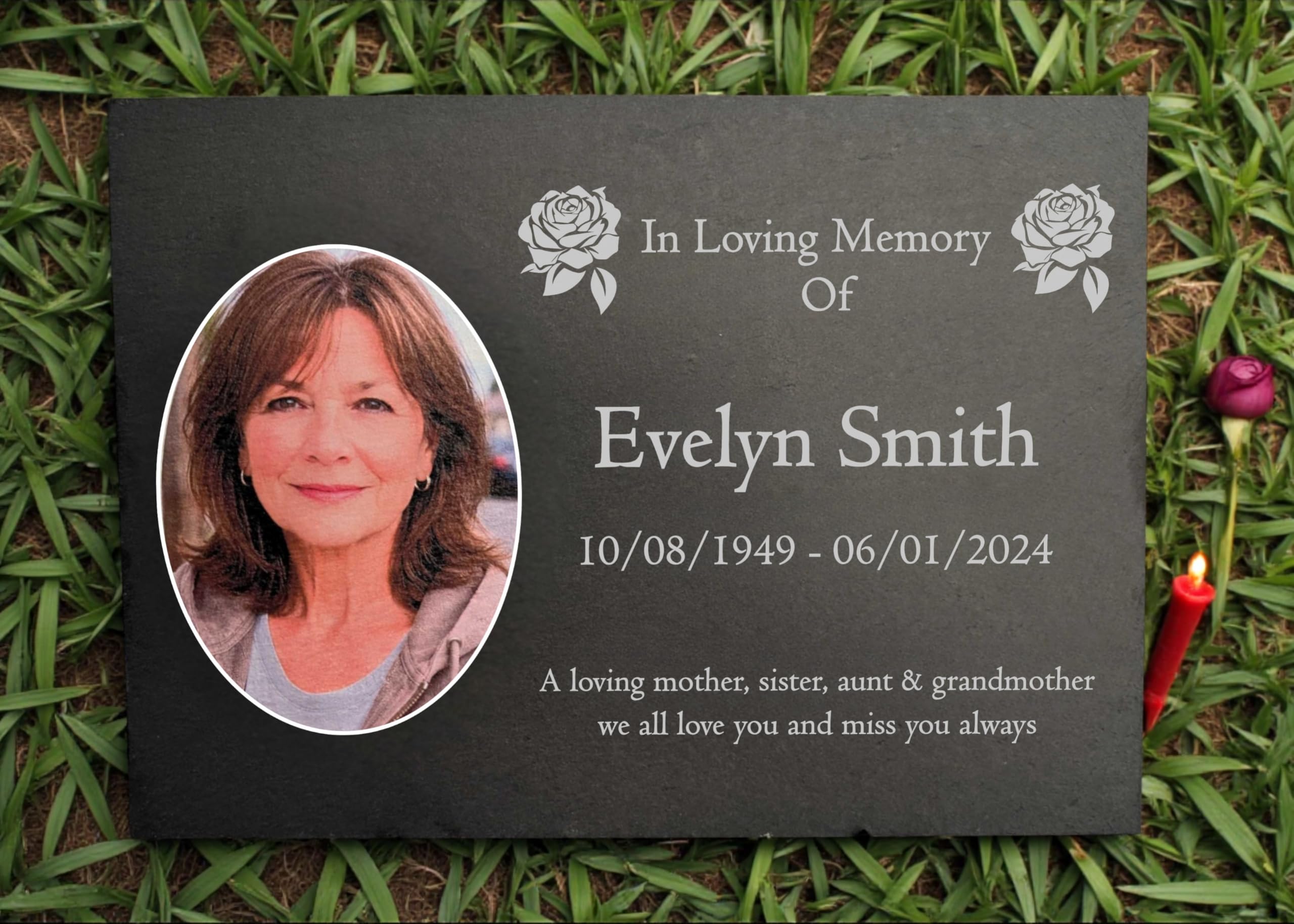 Photo Slate Memorial Plaque, Roses, Add a Portrait & Personalised Text | 35×25cm (14×10”)
