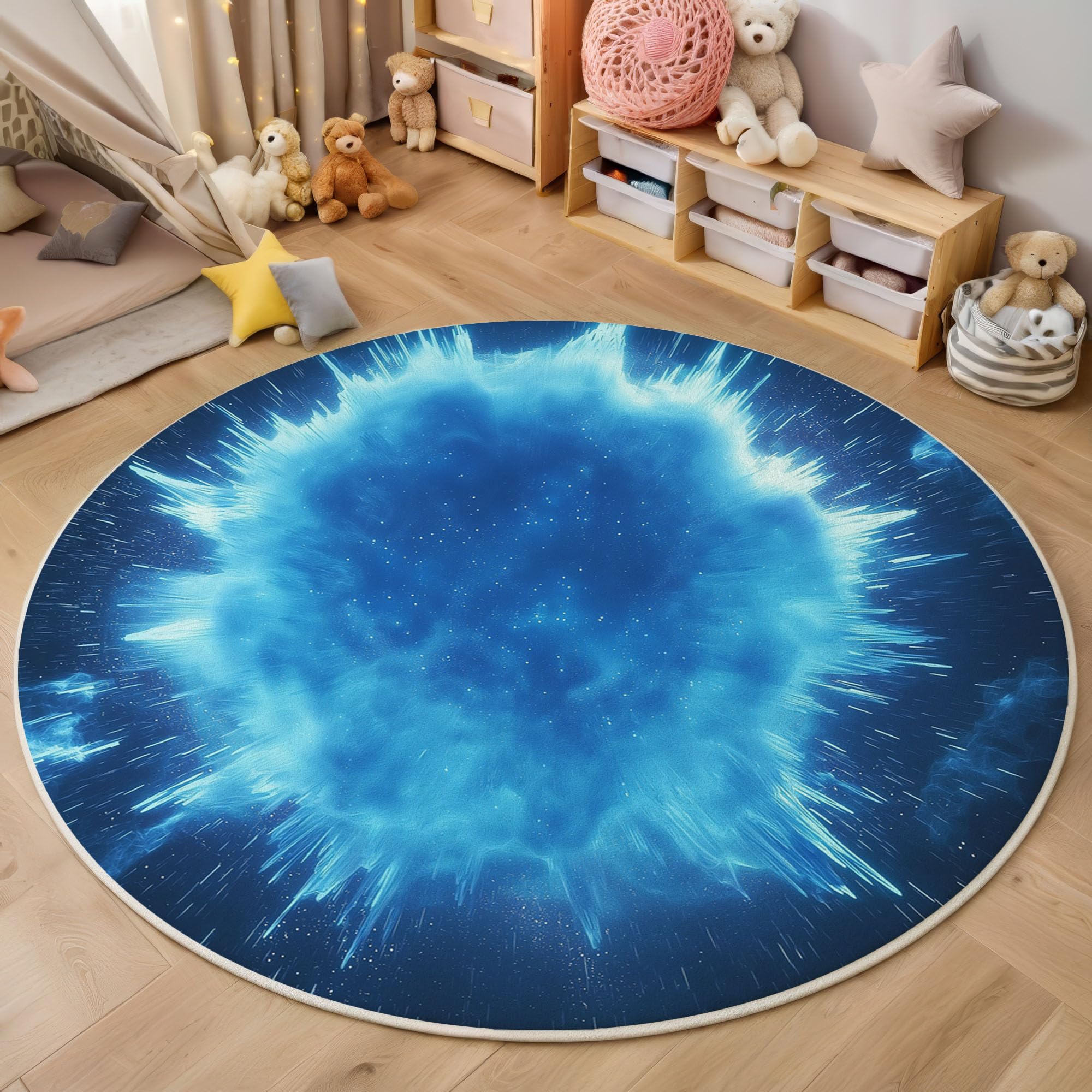 Tapis rond science-fiction bleu Nébuleuse de Givre doux salon