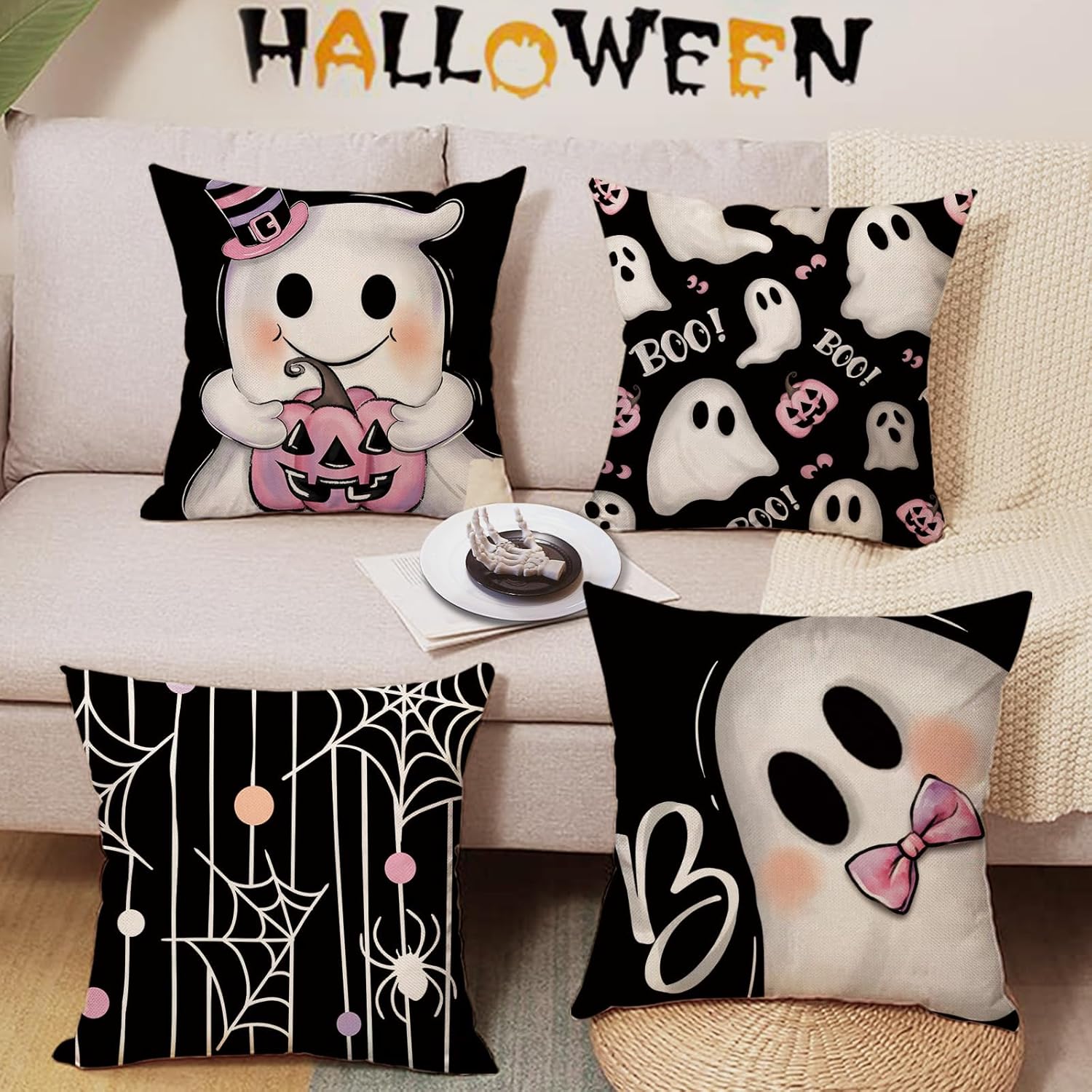 Halloween Spooky Ghost Boo Decorative Throw Pillow Covers 18 x 18 Set of 4, Black Pink Jack O Lantern Pumpkin Porch Outdoor Home Decor, Funny Spider Web Polka Dots Couch Cushion Case