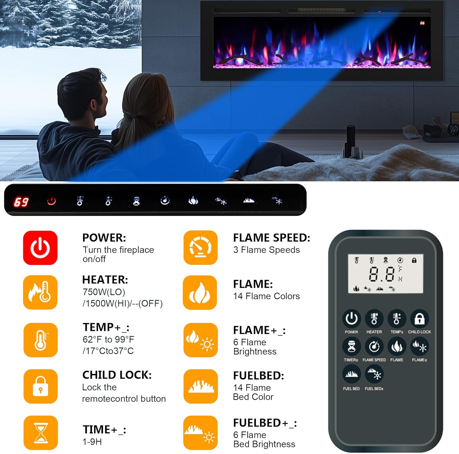 Detailed view of the fireplace's control panel and remote, showing various settings for flame, heat, and timer.