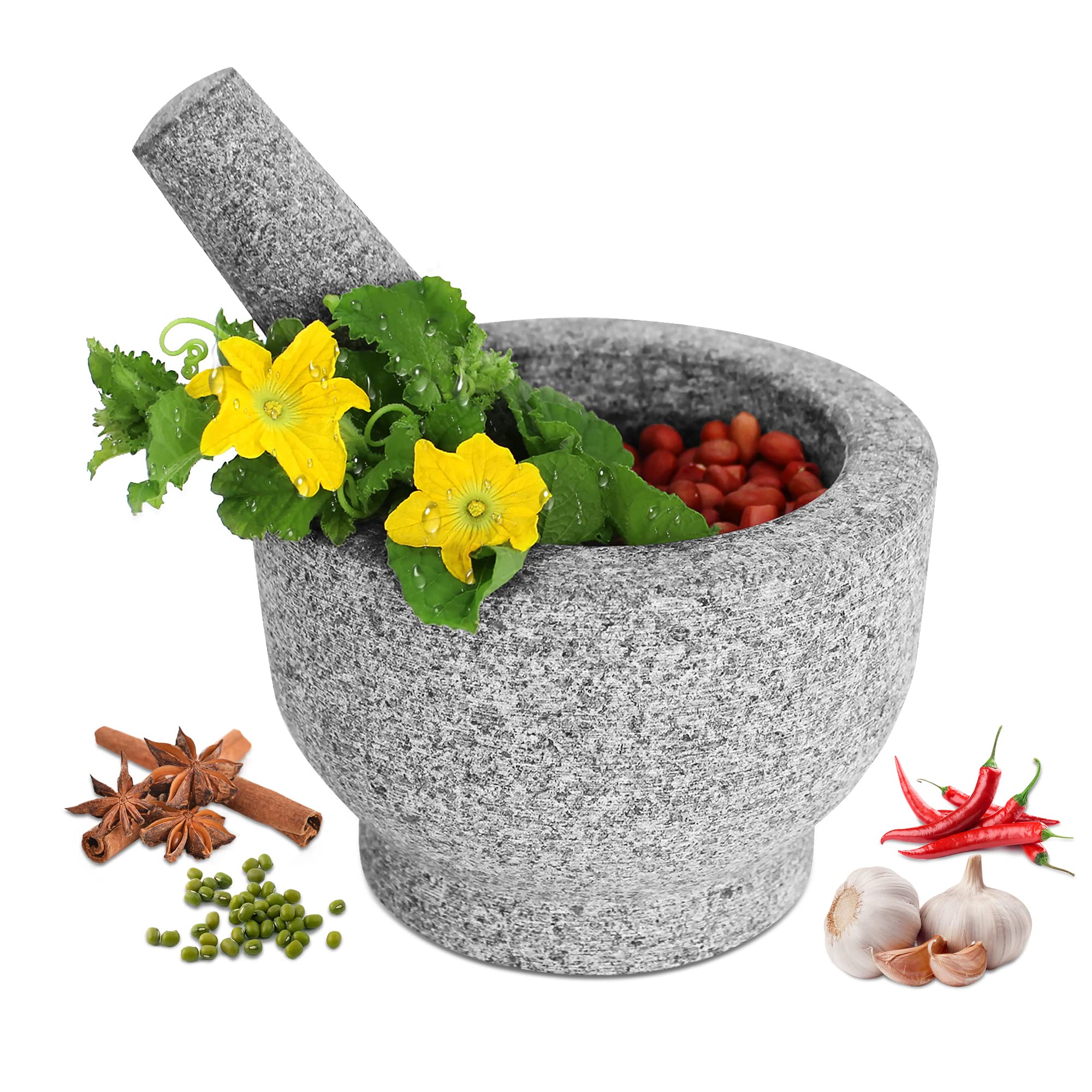 GRANDMA SHARK Mortar and Pestle Set, 14 cm Diameter Large Capacity Hard Granite Mortar, Premium Solid Granite Stone (14×10cm, Single Pestle)