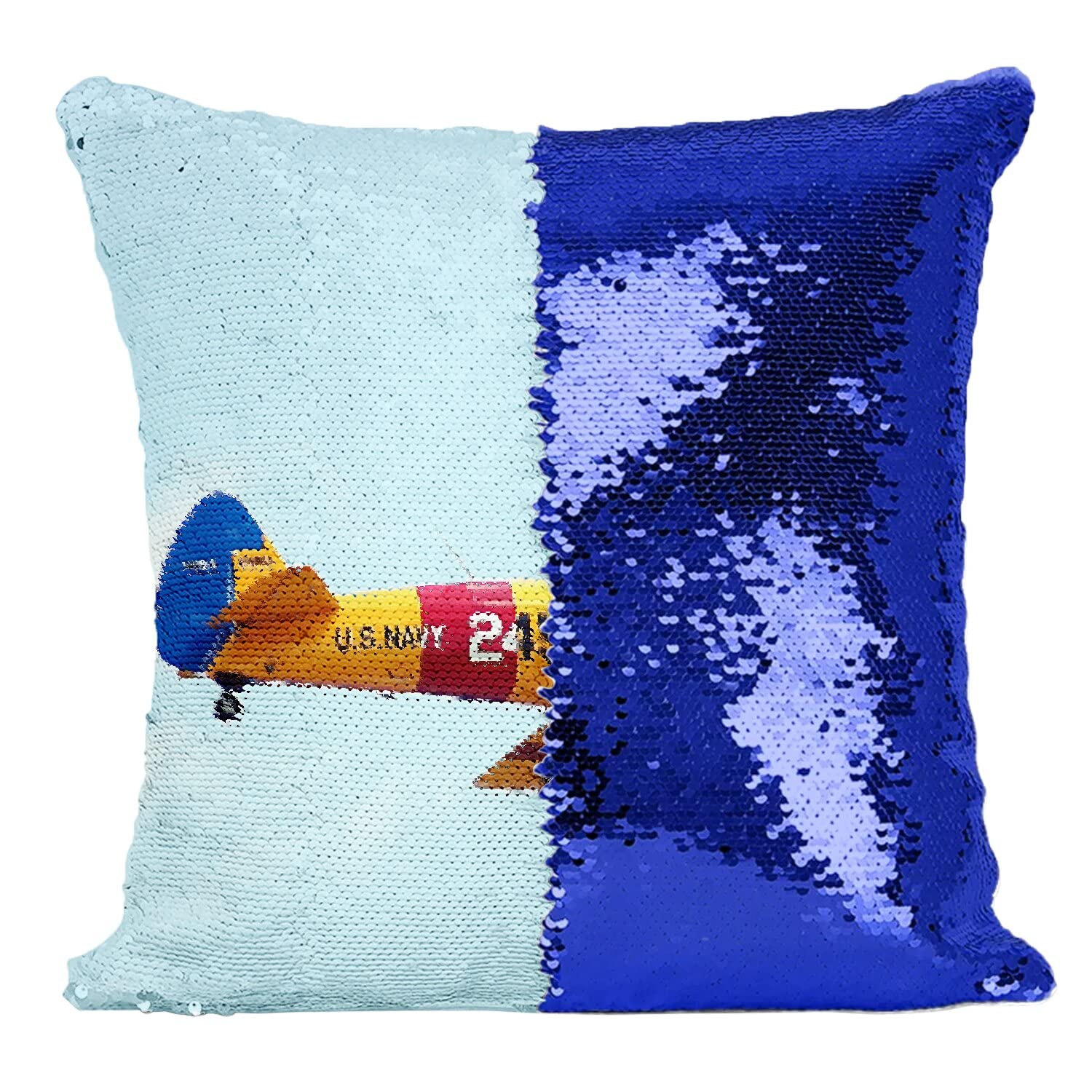 Coussin bleu à paillettes Avion Biplan US Navy 245 avec housse sequin Fabulous