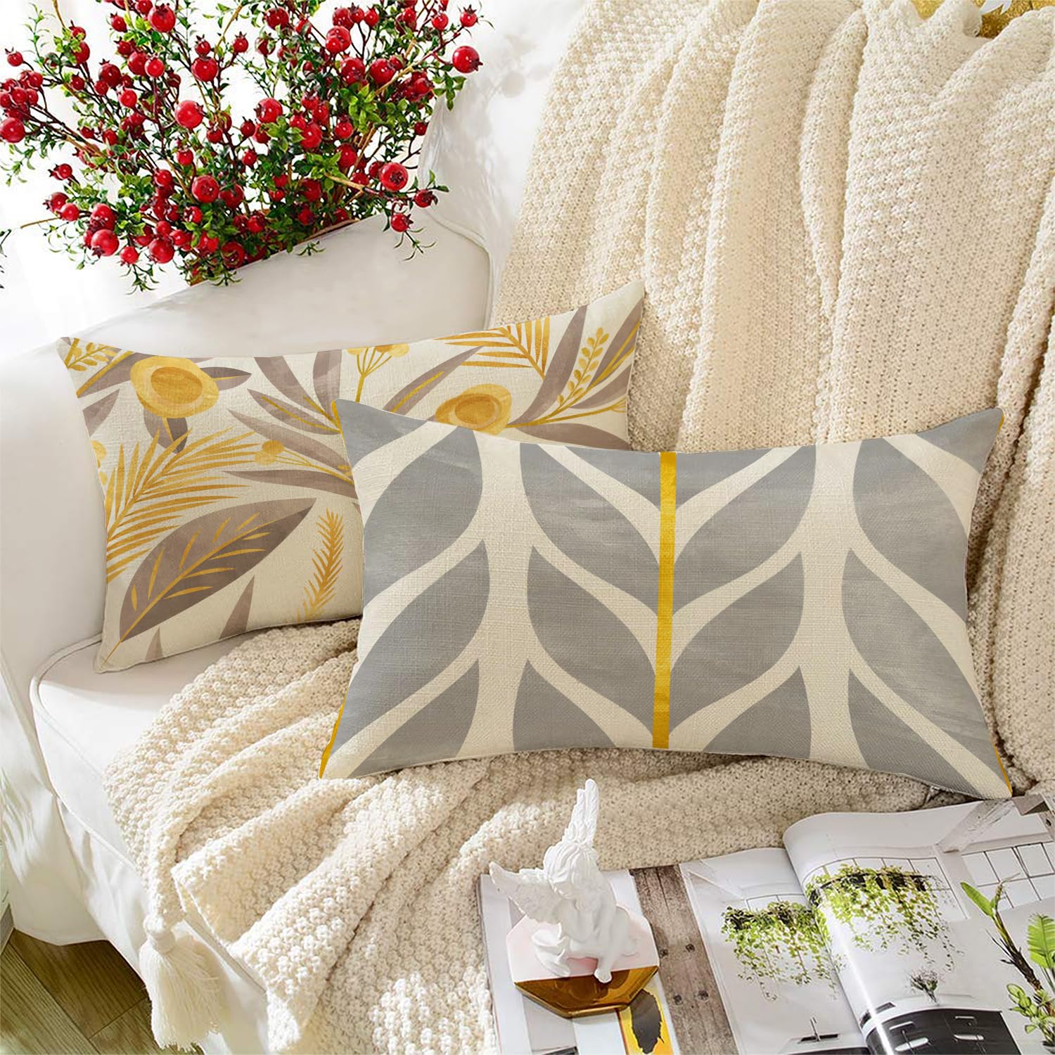 STITCHNEST Yellow & Grey Floral Printed Poly Cotton Cushion Covers, Set of 2 (12 x 18 Inches)-image-22