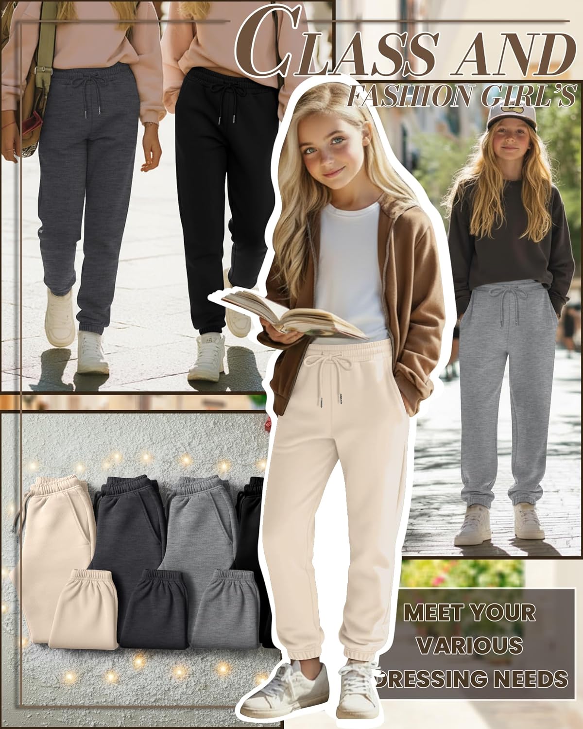 4 Pack Girls' Jogger Sweatpants Girls Drawstring Sweat Pants Teens Activewear Kids Joggers with Pockets (Ages 5-16) - Image 3