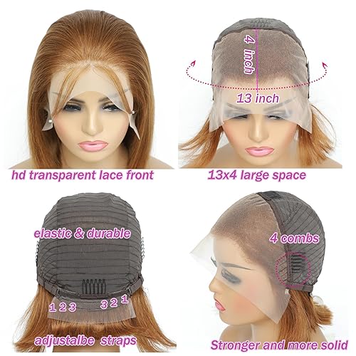 Miniatura 4 de Peluca Bob de cabello humano lacio marrón chocolate con encaje frontal de 13 x 4, pelucas de cabello humano de 180 % de densidad, sin pegamento,