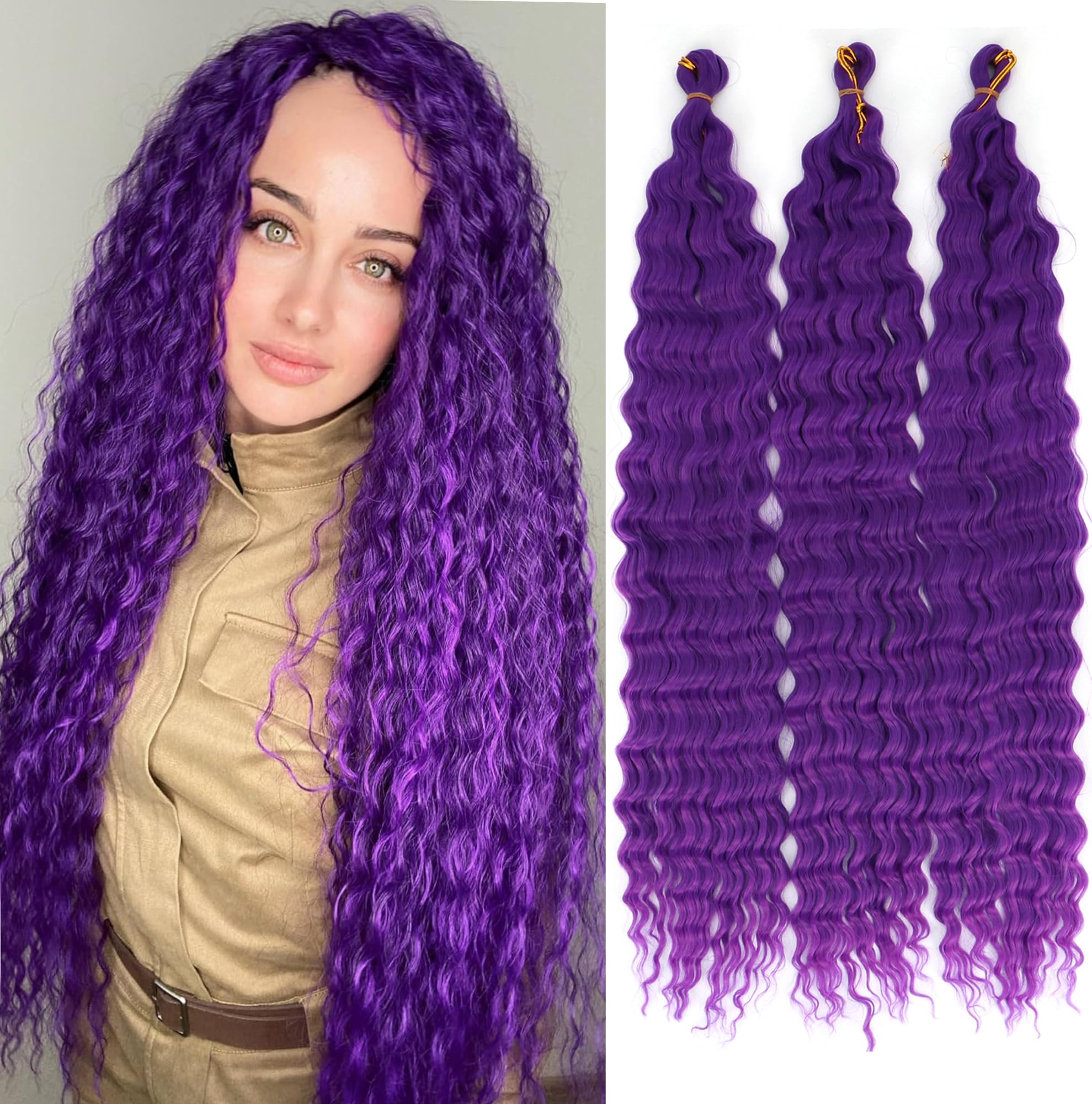 YEESHEDO 3 Packs Ocean Wave Crochet Braids Hair Extensions for women,Long Deep Wavy Dark Purple Curly Synthetic Hair Boho Braiding Locs Crochet Hair,22inch