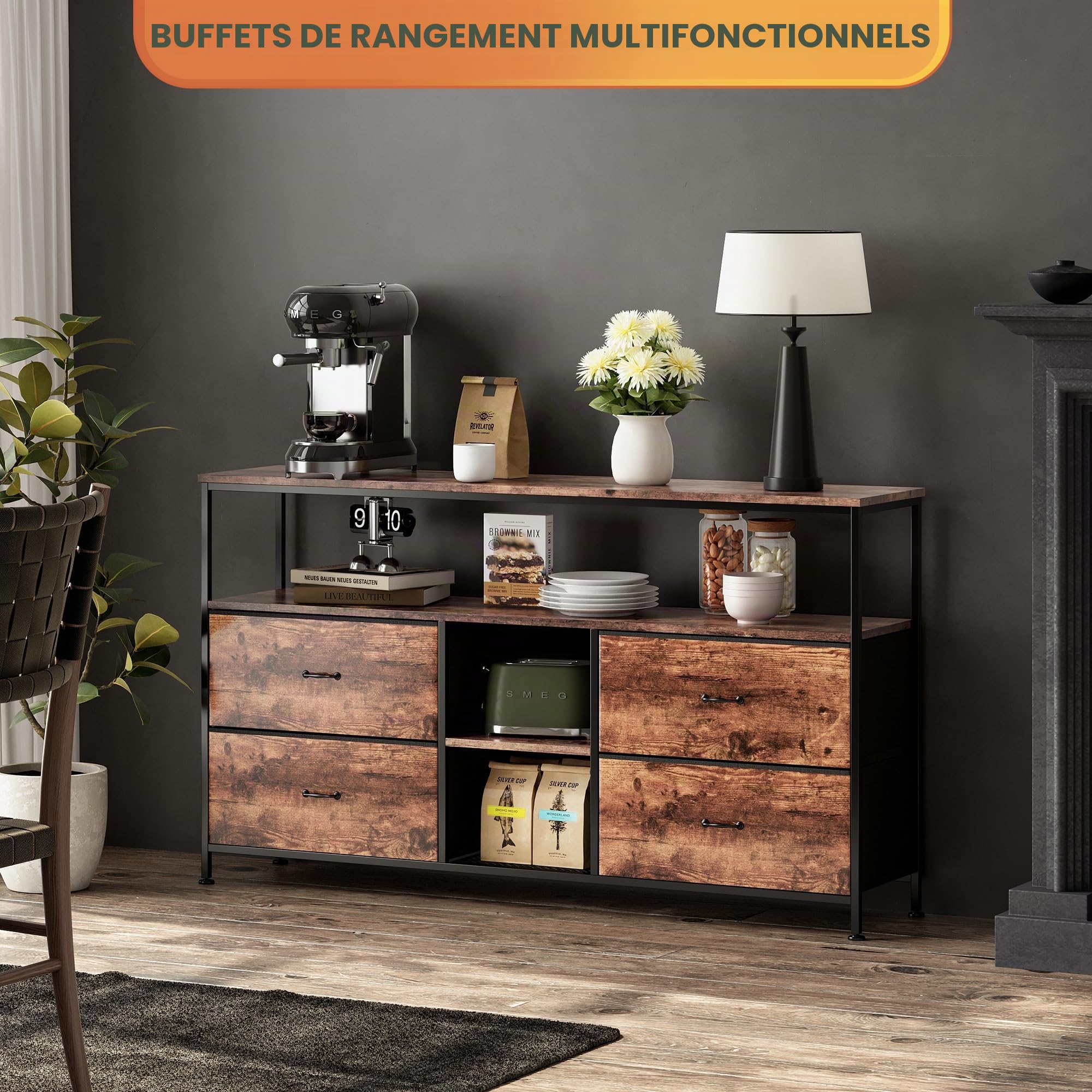 BRILVERDE Meuble TV LED 108cm avec 4 Tiroirs en Tissu PU, Banc TV Vintage, Meuble Télé avec Rangement, Buffet Multimédia pour Salon, Chambre (Rayures de Tigre, 108cm A)