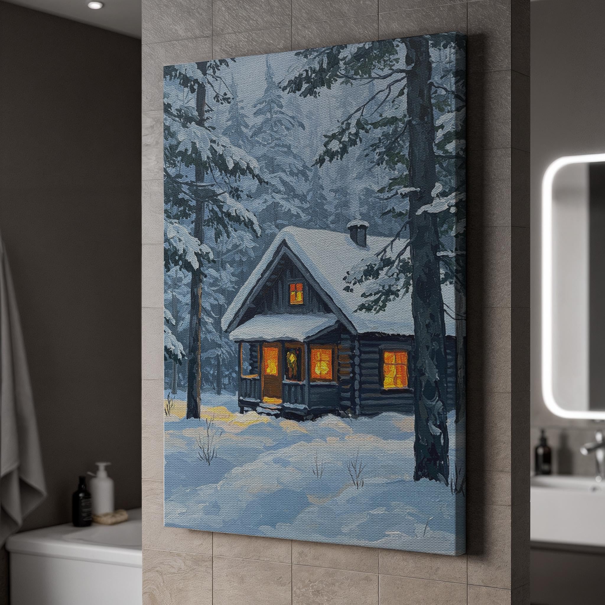 lianyibo Śnieżna chata płótno ścienne sztuka ścienna, przytulny zimowy obraz lasu z ciepłymi światłami, rustykalna dekoracja domków wiejskich (60 x 90 cm / rama wewnętrzna)