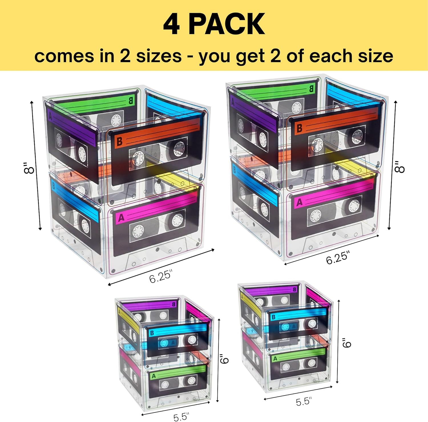 Cassette Tape Bucket Centerpiece (8 Pack) 80s Party Supplies, 90's 80s Theme Birthday Party Decoration Cassette Tape Table Decor, Retro Hip Hop Pop Music Party for Adults & Kids