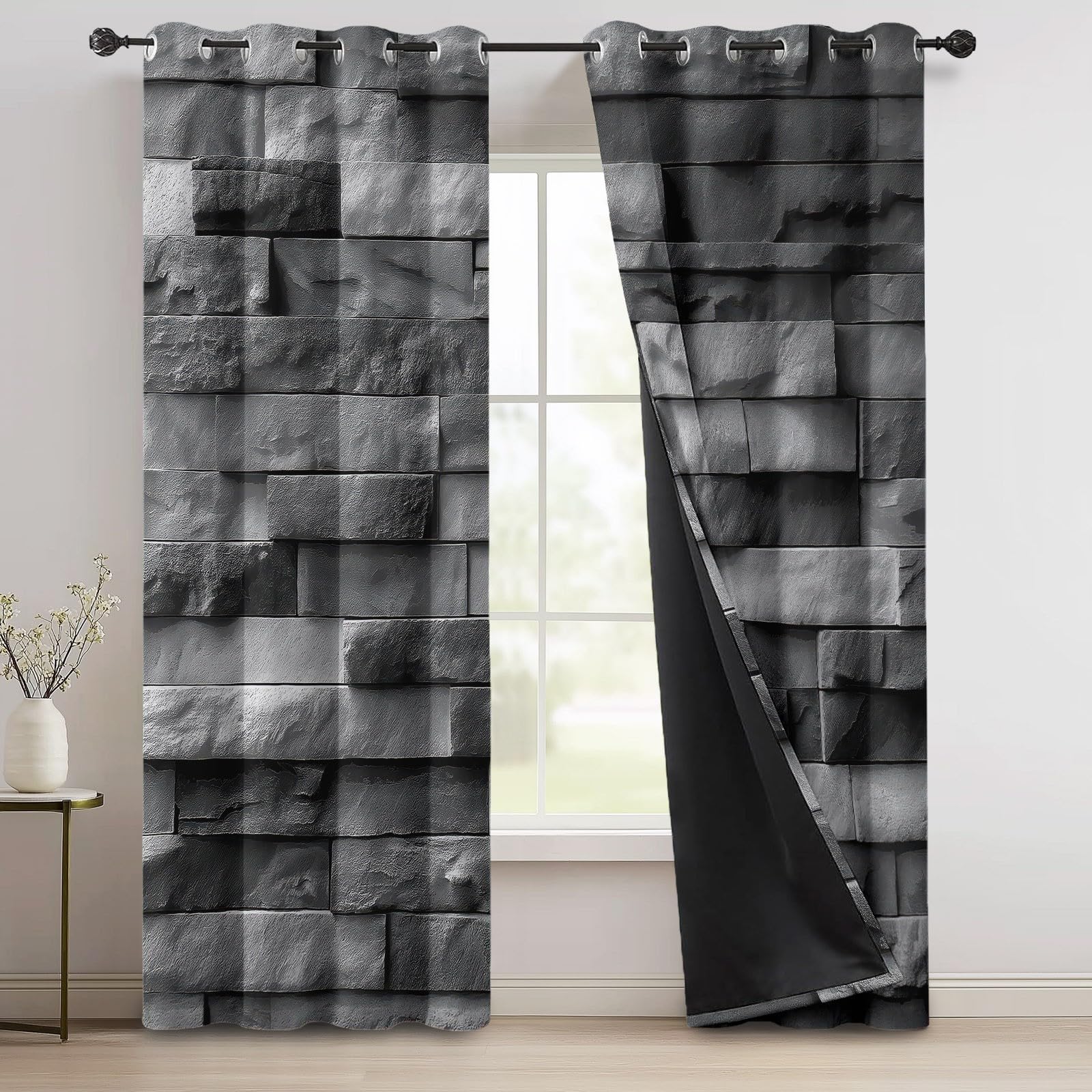 Vorhänge Blickdicht Verdunkelungsvorhang mit Ösen Gardinen, Industriell Modern Grau Steinwand Quadrate Textur Thermovorhang Vorhang Fensterschal für Wohnzimmer Schlafzimmer, 2er Set H 200 x B 70 cm