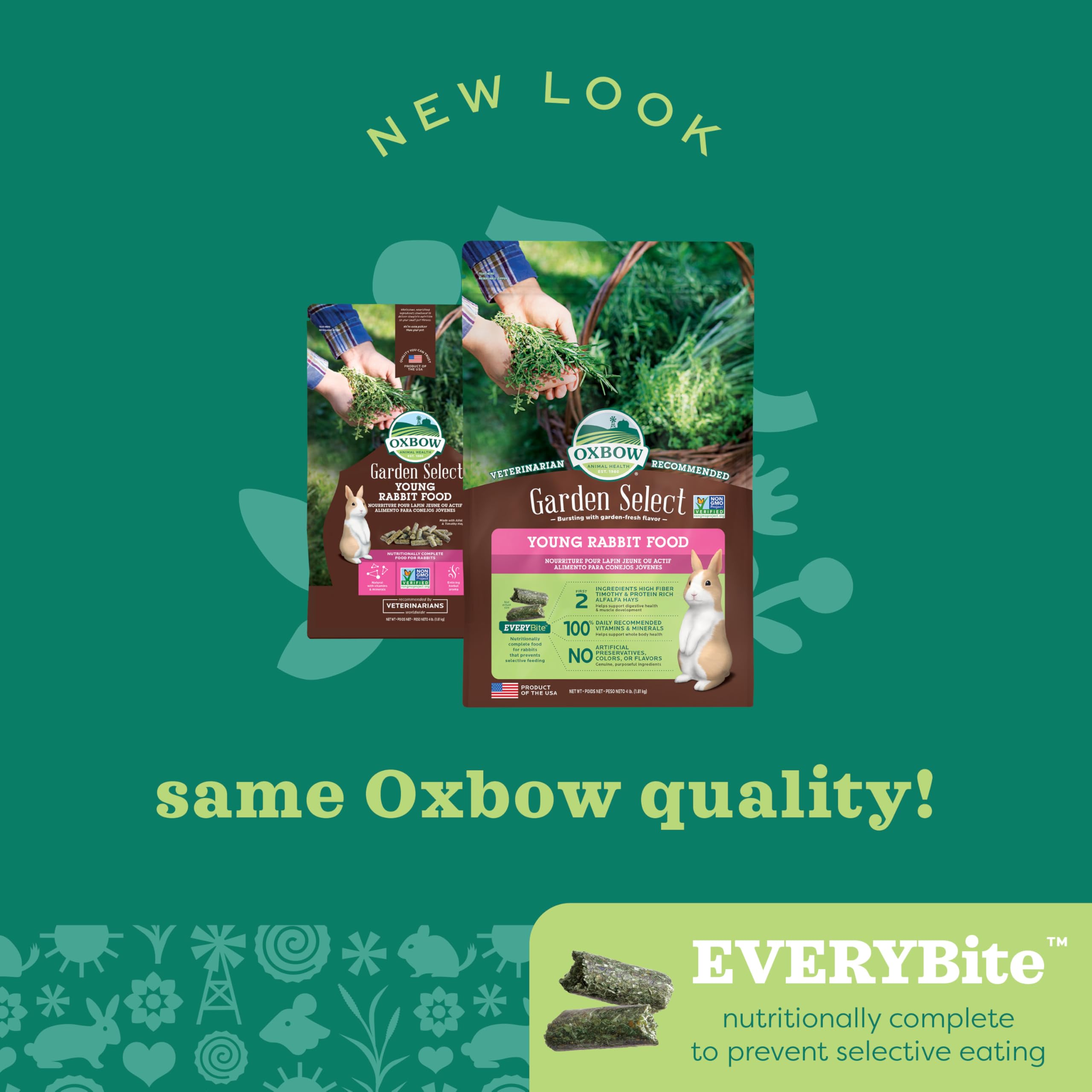 Oxbow Garden Select Rabbit Food, Young, Made Alfalfa for Rabbit, Bunny Food Pellets, Non-GMO, No Soy or Wheat, Small Animal Pet Products, Made in USA, High Fiber, 4 lb. Bag
