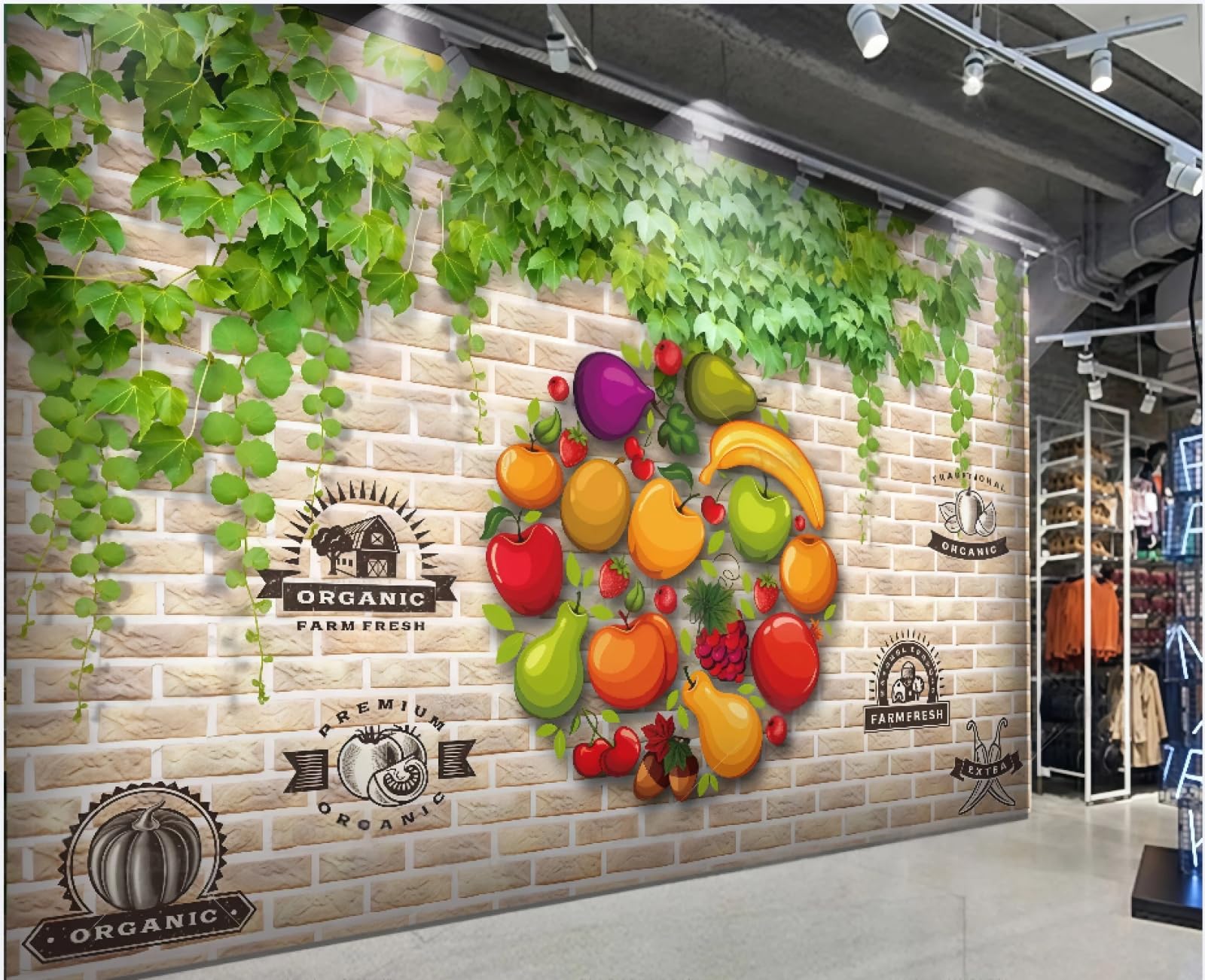 XDOUBAO Wallpaper Personalized Brick Wall Green Vine Hand-Painted Green Fruit Shop Theme Afternoon Tea Western Restaurant Background Wall Wallpaper Coffee Shop Mural,3D,200x140cm