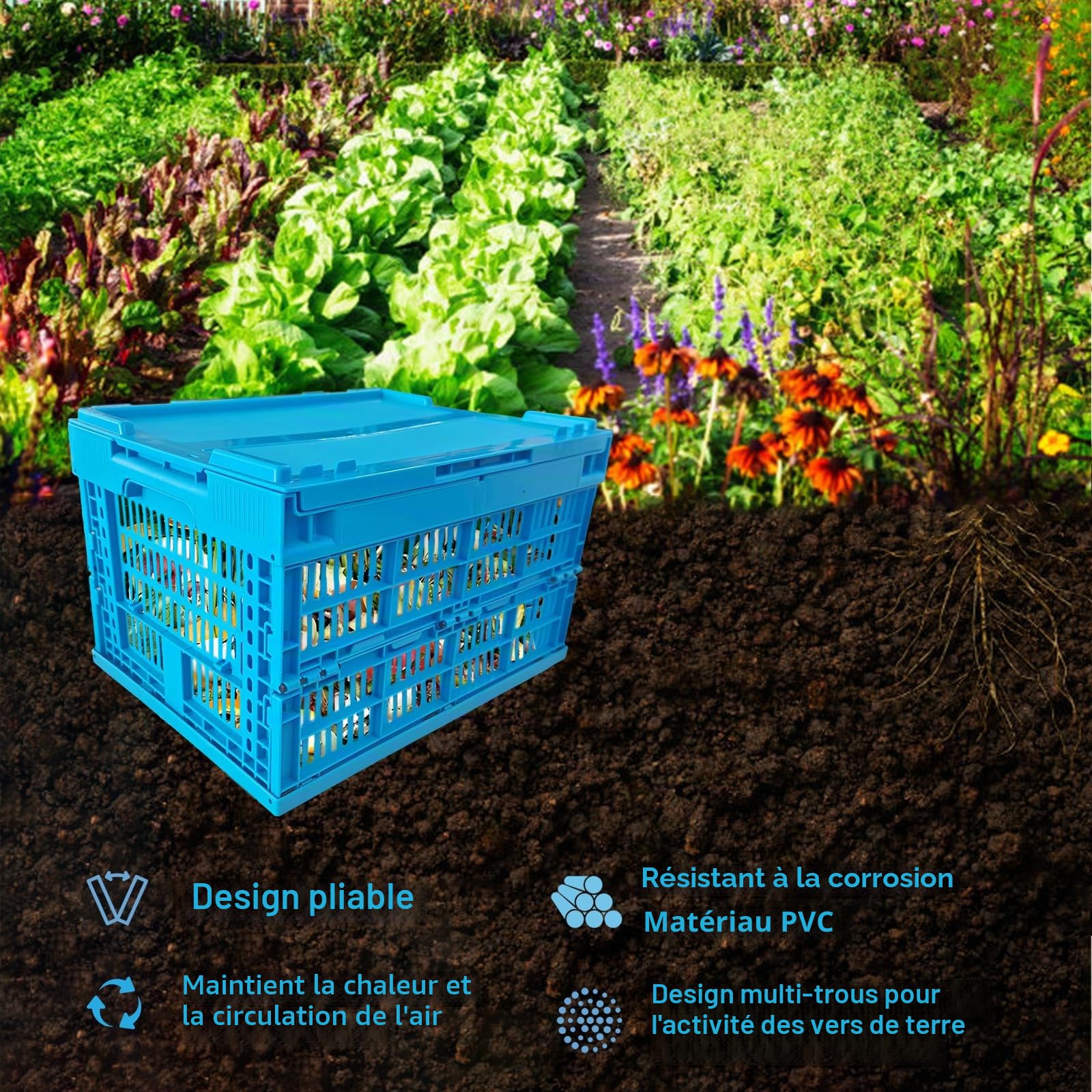 Bac à compost Inground Worm de 19,8 litres, poubelle de compost pliable avec trous et couvercles, composteur de jardin pour lits de jardin surélevés, système de compostage domestique