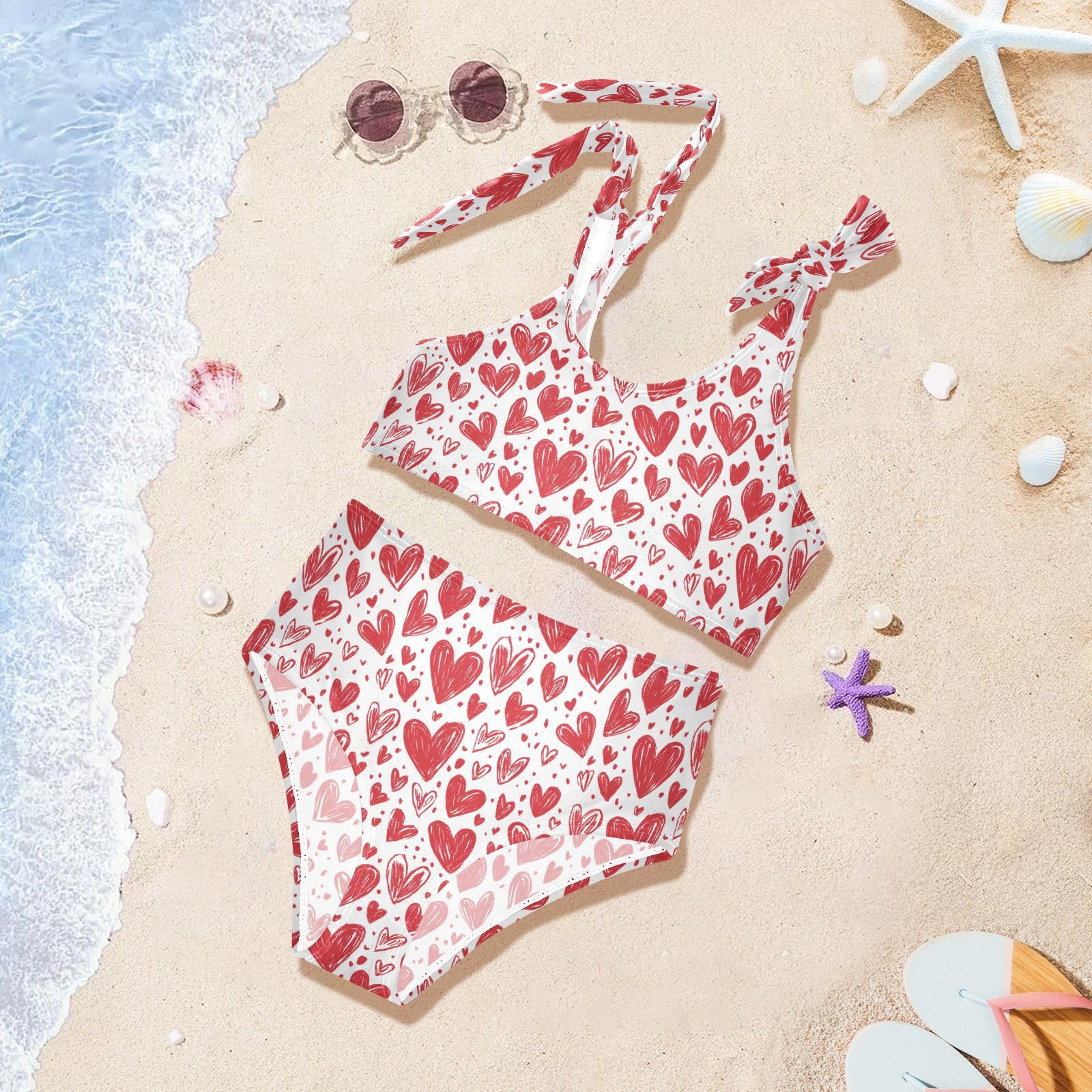 Red Doodle Heart Girls Two Piece Tankini Swimsuits Summer Bathing Suit Beach Swimwear Set, 3T