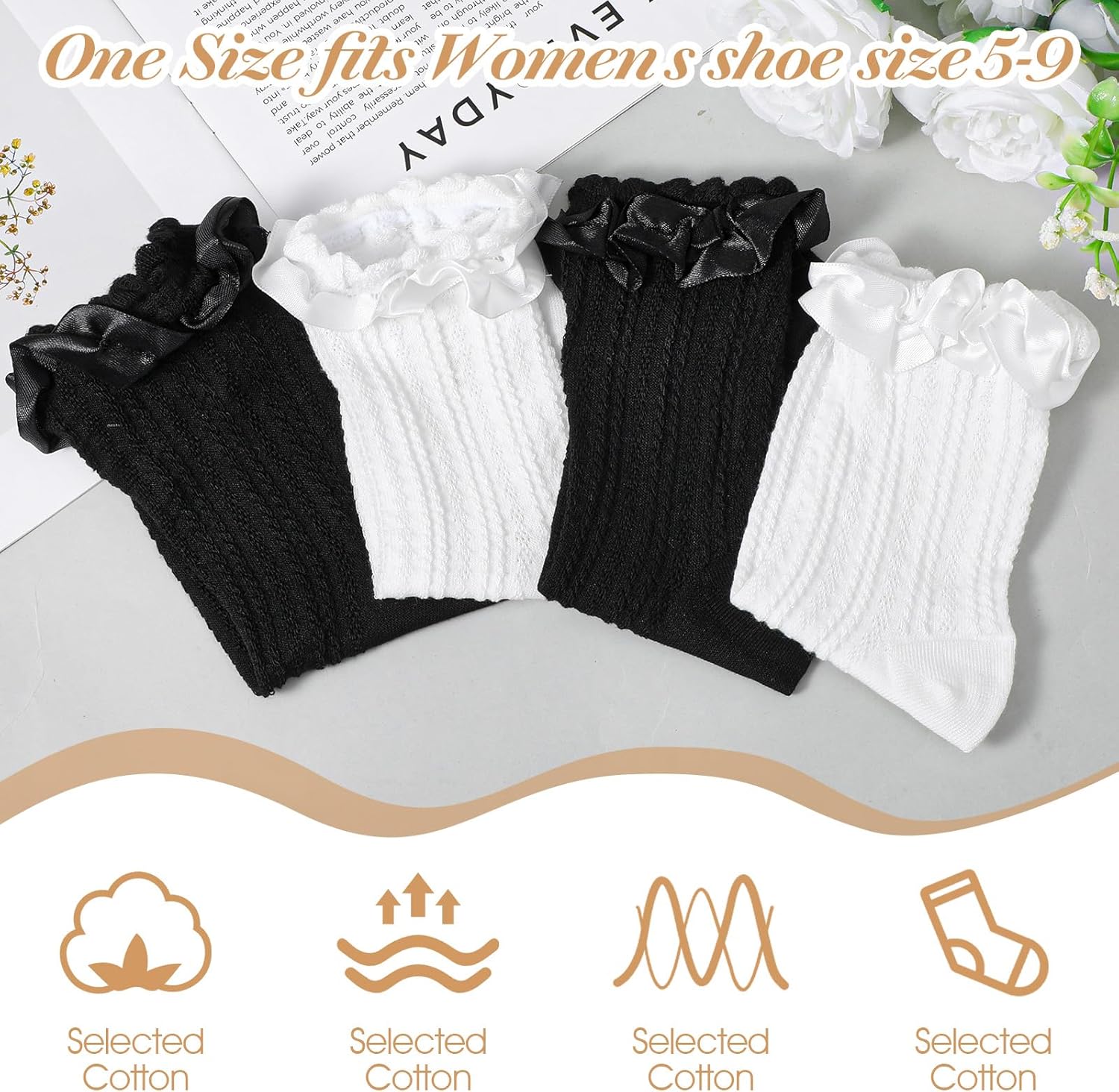 2 Pairs Ruffle Ankle Socks Women Ruffle Lace Socks Women Cute Stylish Cotton Ruffle Frilly Ruffle Dress Socks for Women(White & Black) - Image 4