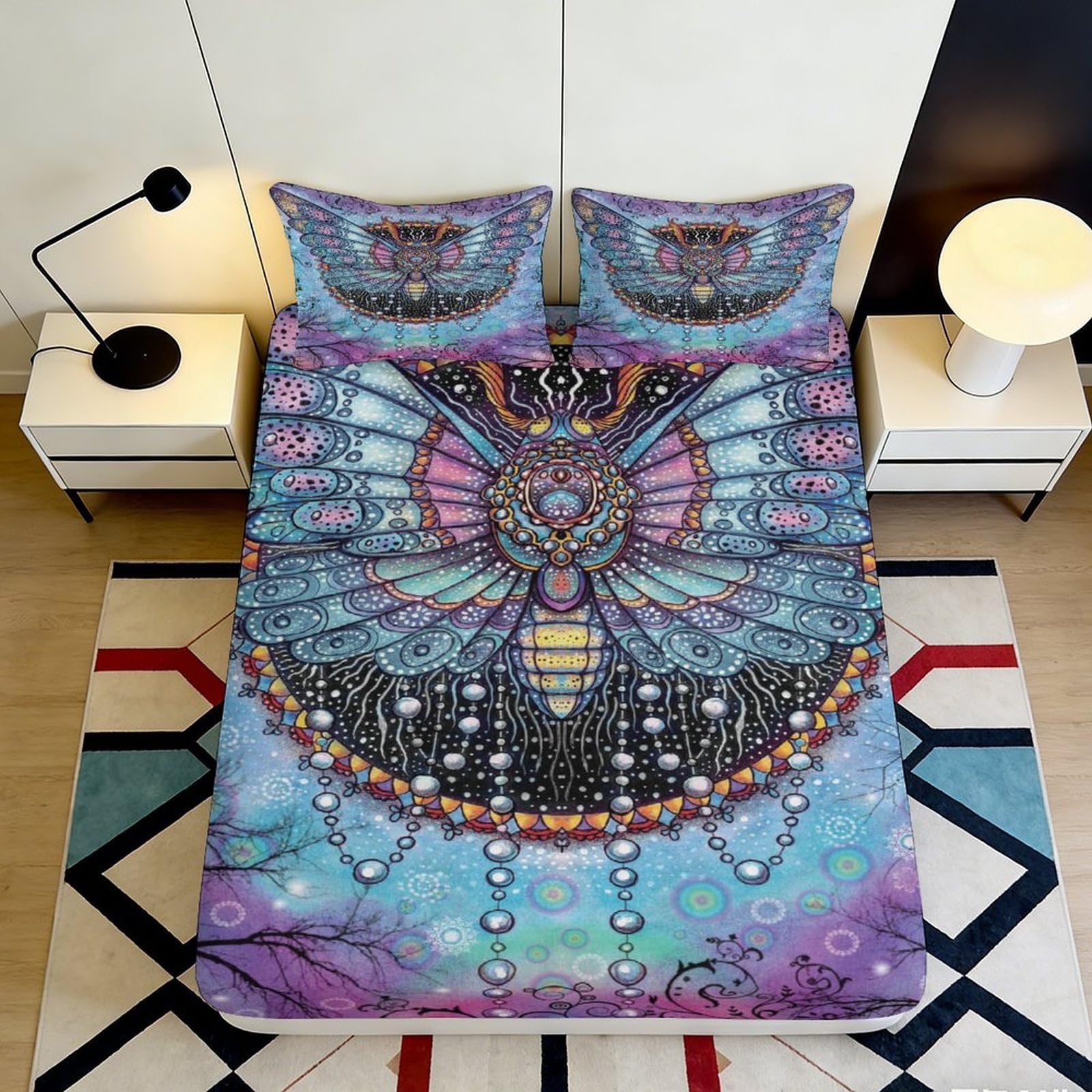 3D Printed Mystical Moth Fitted Sheet Microfiber Soft Durable Vibrant Butterfly Bed Cover for Bedroom Dormitory Guest Room Mattress Protection Decor 200x200x25cm