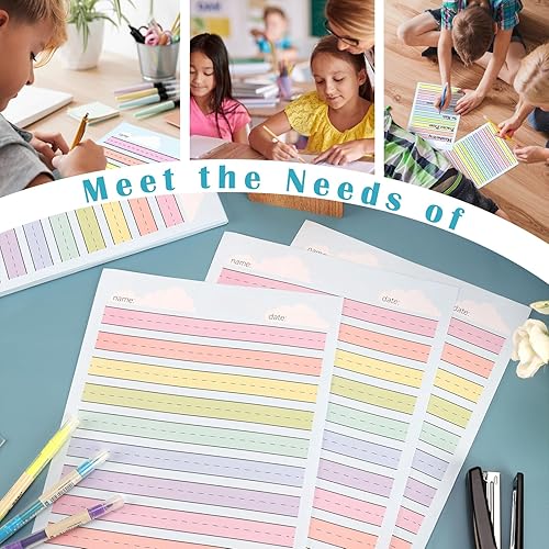 Miniatura 6 de 100 hojas de papel de línea elevada multicolor para práctica de escritura a mano, papel de escritura de jardín de infantes con rayas anchas, doble