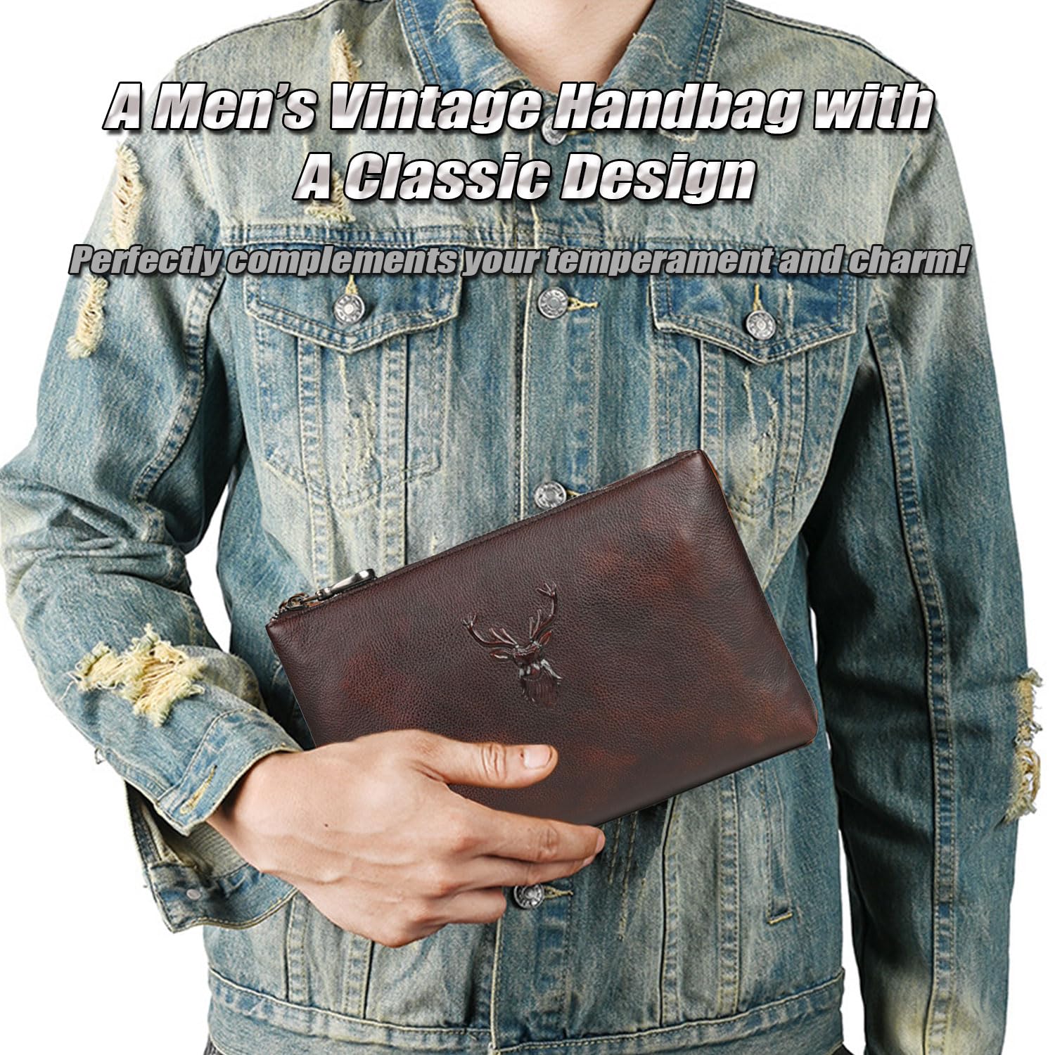 Pochette in Pelle Conciata al Vegetale per Uomo, Borsa a Mano Multiuso per Affari, Borsa da Polso di Lusso, Portafoglio Grande, Clutch per Tablet 9.7 Pollici