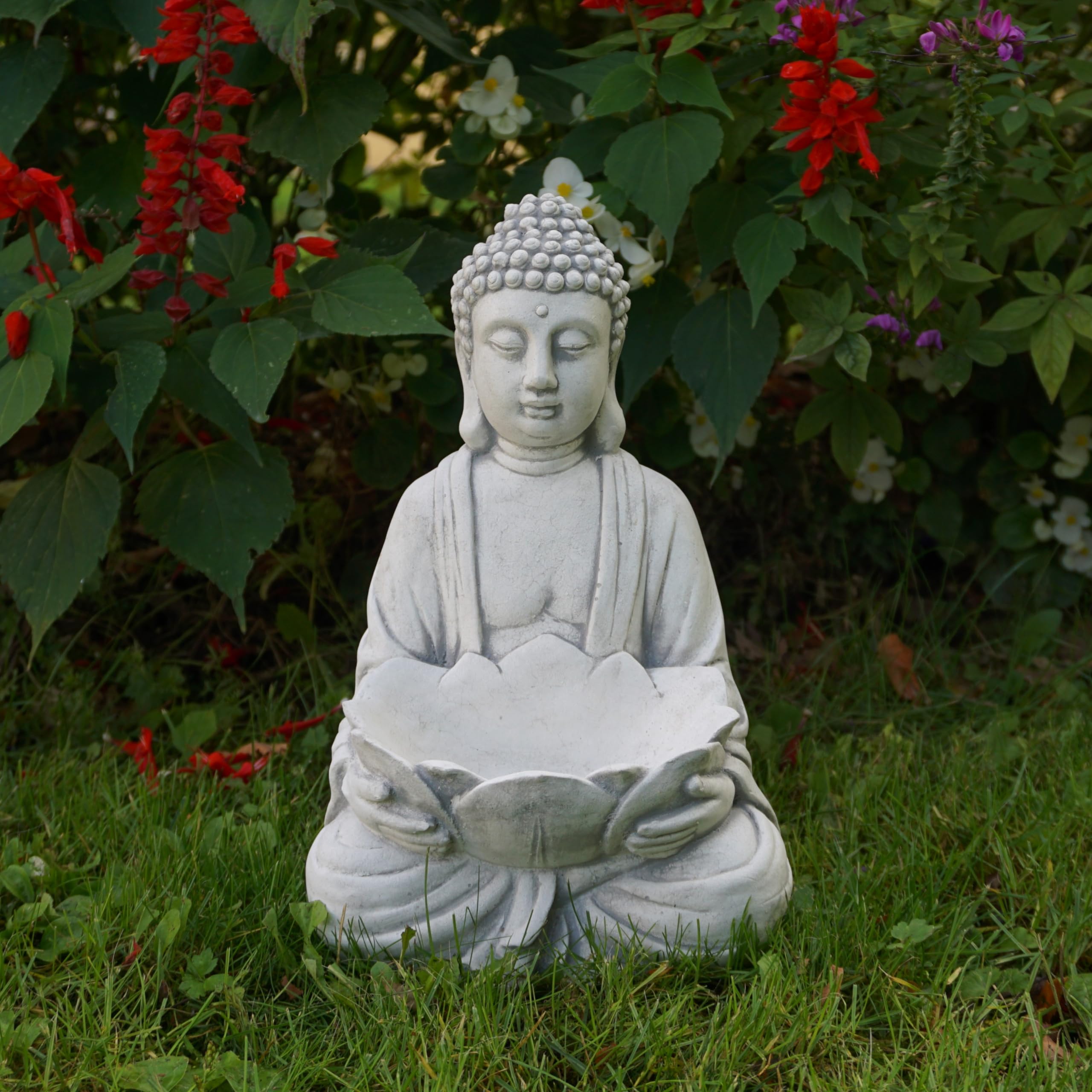 gartendekoparadies.de Statue en Pierre Massive de Bouddha avec Bol de Moine, Hauteur 30 cm, Bol : 13 x 7 x 4 cm, Gris, Poids 6 kg, Pierre coulée résistante au Gel