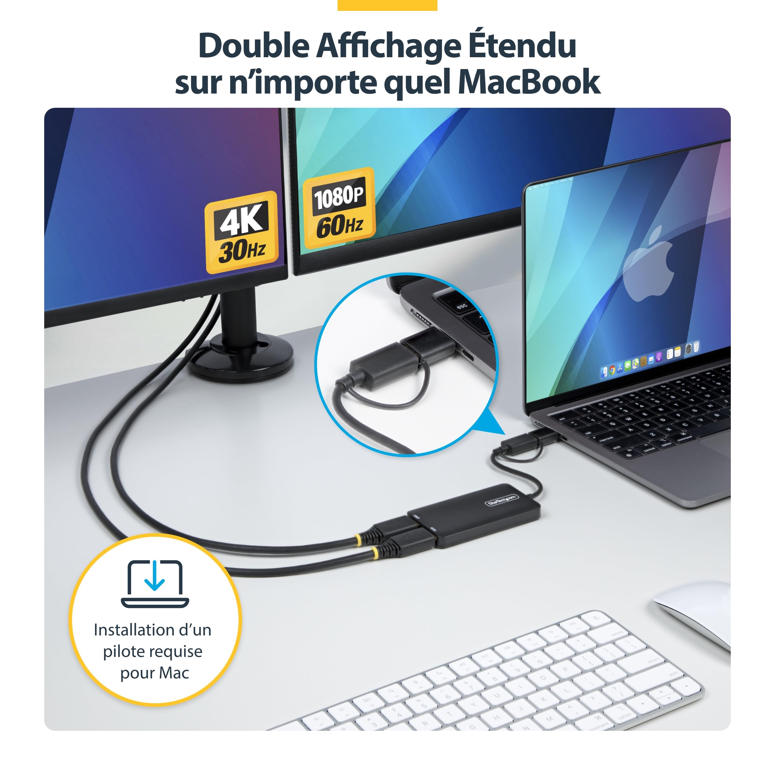 StarTech USB-A et USB-C vers Double HDMI 4K30 + 1080p, Mac Windows ChromeOS | Mac M1/M2/M3/M4/M5, Double écran étendu, Câble de 11cm, Alimentation par bus USB