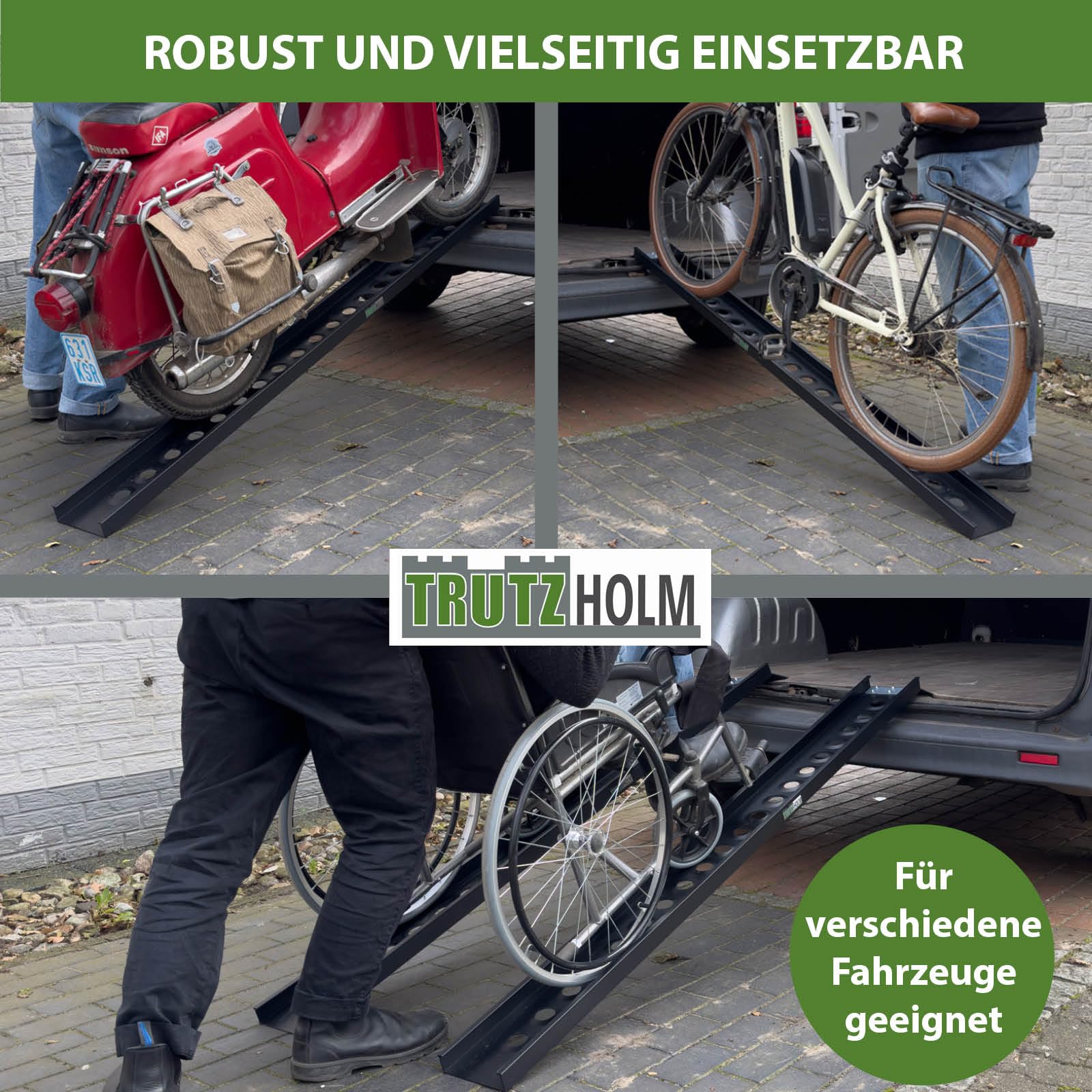 TRUTZHOLM Auffahrschiene Aluminium Gesamtänge 194 cm Traglast 200 kg Verladeschiene Auffahrrampe leicht starr für leichte Motorräder Mopeds E-Bike Rampe Fahrradrampe inkl. 1x Spanngurt in schwarz