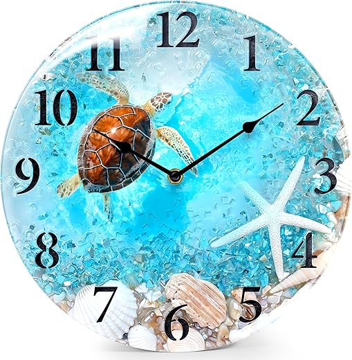 Coastal Nautical Glass Wall Clock with Seashell Design and Turtle Beach Theme Battery Operated photo Coastal Nautical Glass Wall Clock with Seashell Design and Turtle Beach Theme Battery Operated