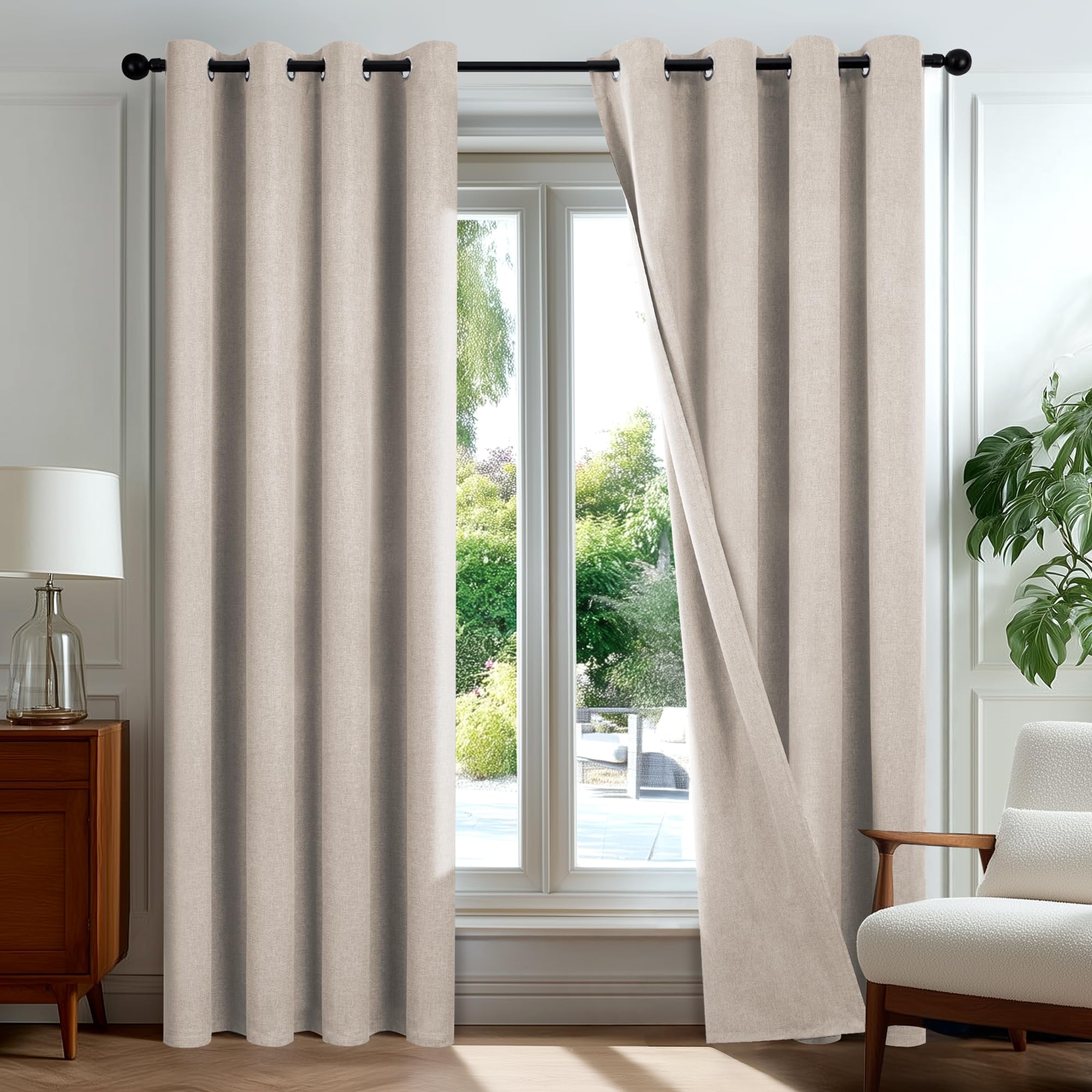 Deconovo Leinen Verdunklungsvorhang mit Kräuselband, 100% Blickdicht, Thermo & Schallschutz, Leinenoptik Blackout Gardine für Wohnzimmer