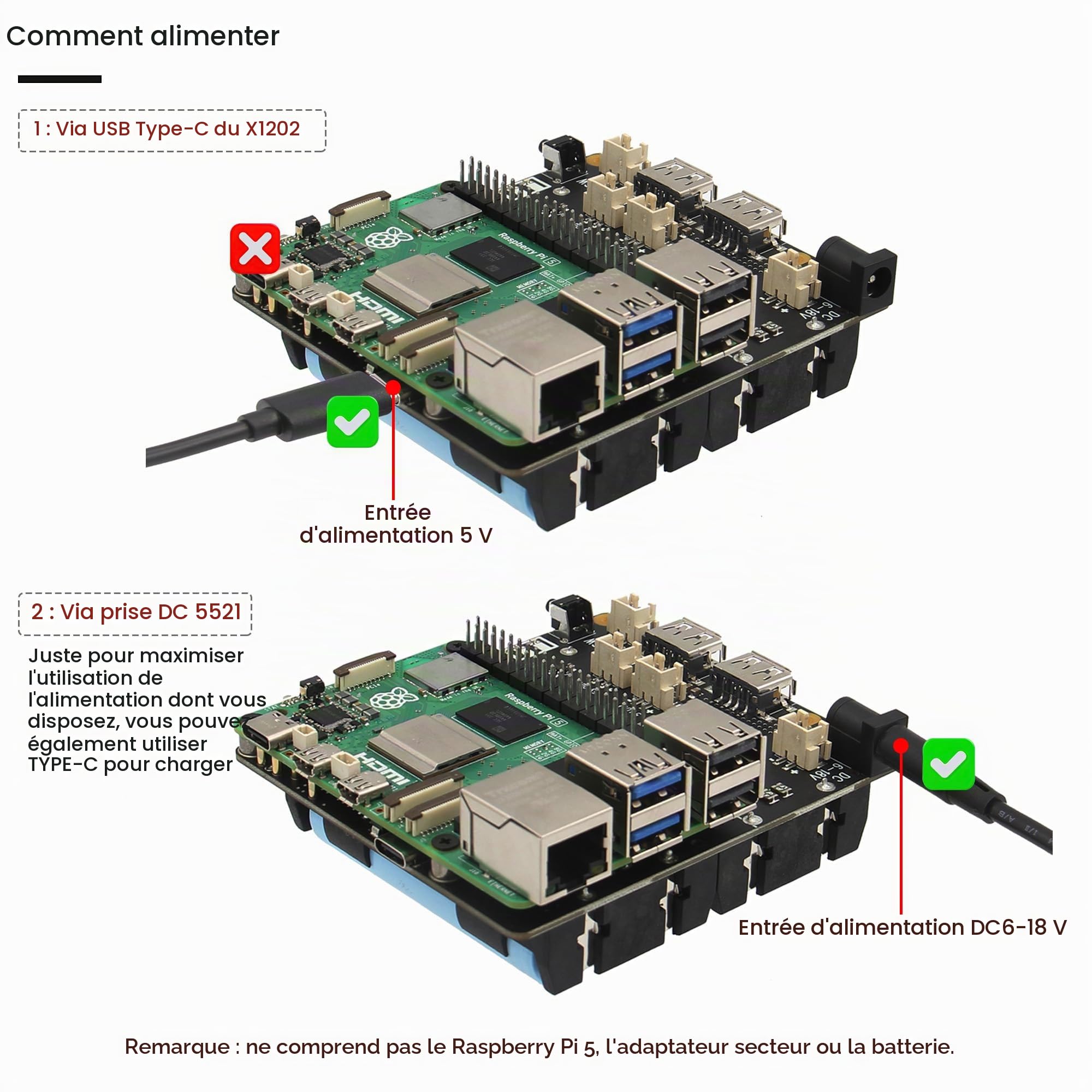 Geekworm Raspberry Pi 5 UPS (X1202), 4-Cell 18650 UPS (Max 5.1V 5A Output) with Wide 6-18V Input | Auto Power on | Safe Shutdown | Power Loss Detection