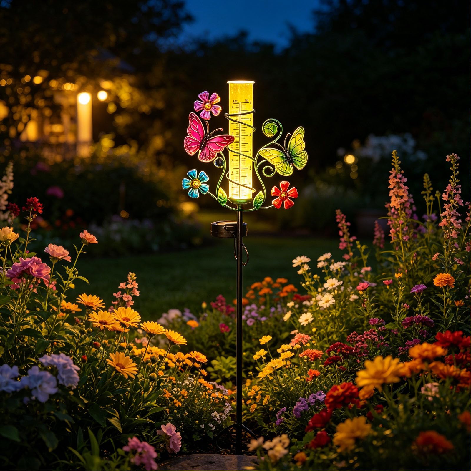 Pluviomètre papillon avec tube en plastique de 15,2 cm, jauge de pluie précise pour l'extérieur avec lampes solaires LED, outil de mesure de pluie pour jardin, pelouse, terrasse