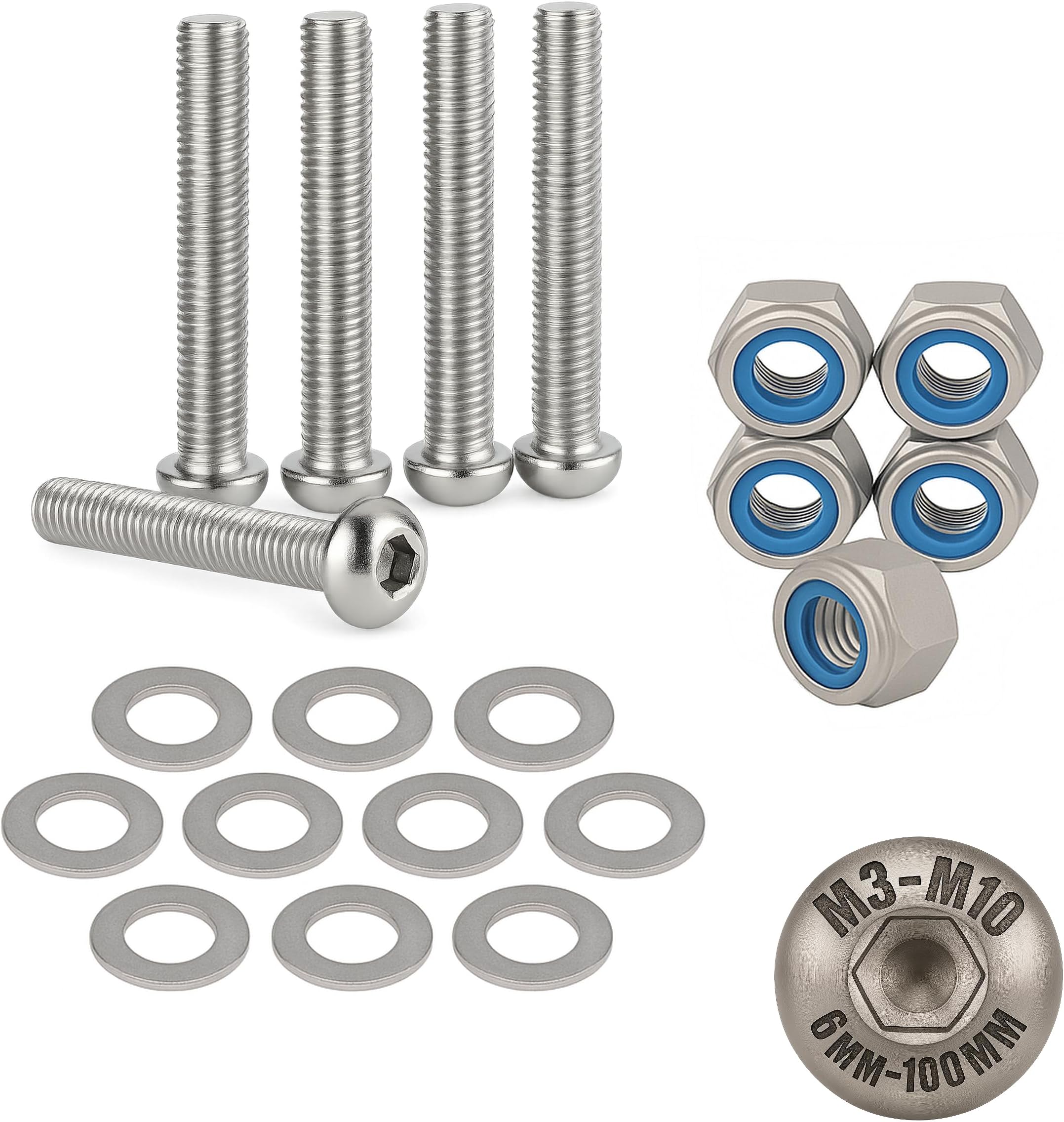 M3 x 40mm Hex Socket Button Head Nuts and Bolts and Washers Set (5PK) A2 Stainless Steel, Fully Threaded Screws For Construction, Automotive, Machinery