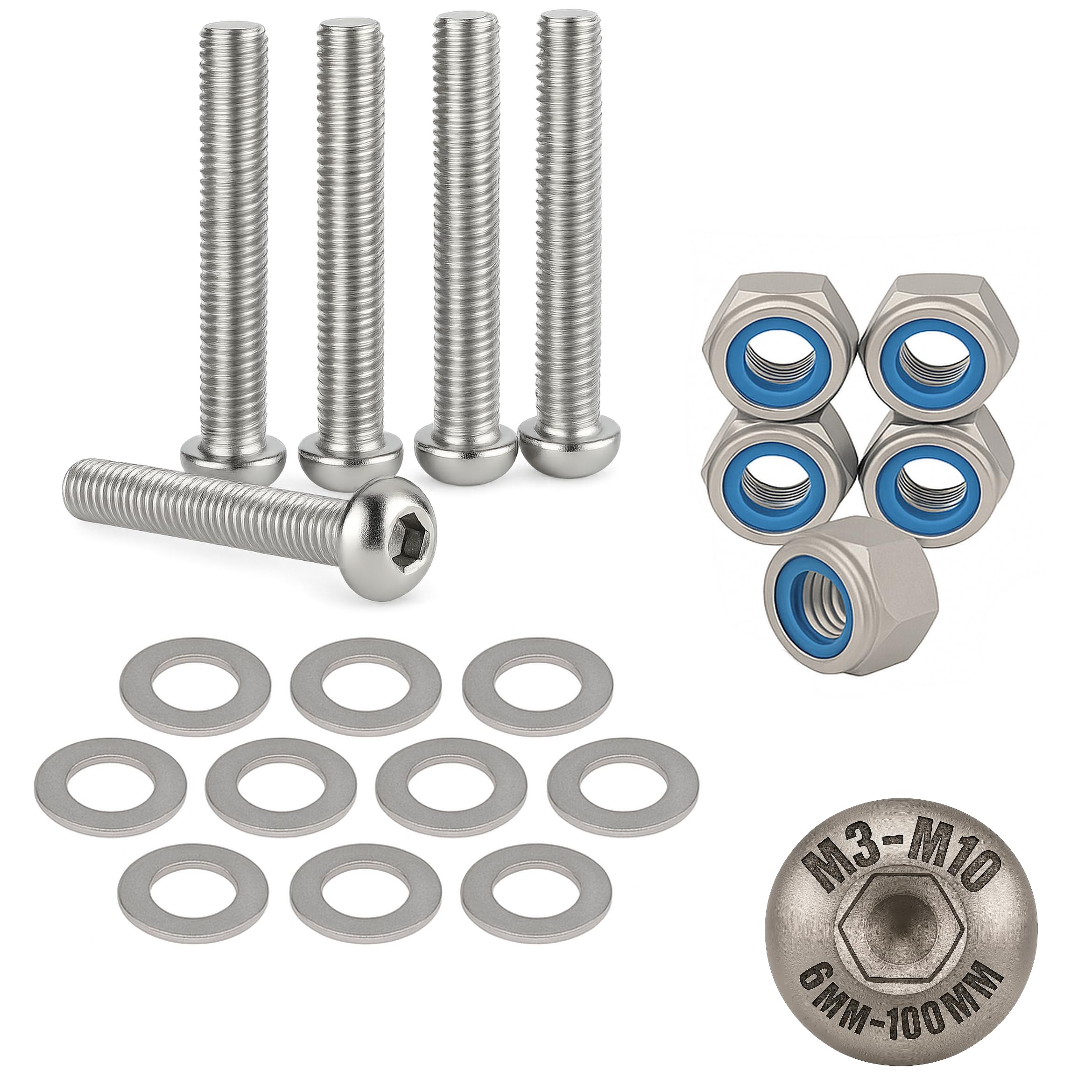 M10 x 50mm Hex Socket Button Head Nuts and Bolts and Washers Set (5PK) A2 Stainless Steel, Fully Threaded Screws For Construction, Automotive, Machinery