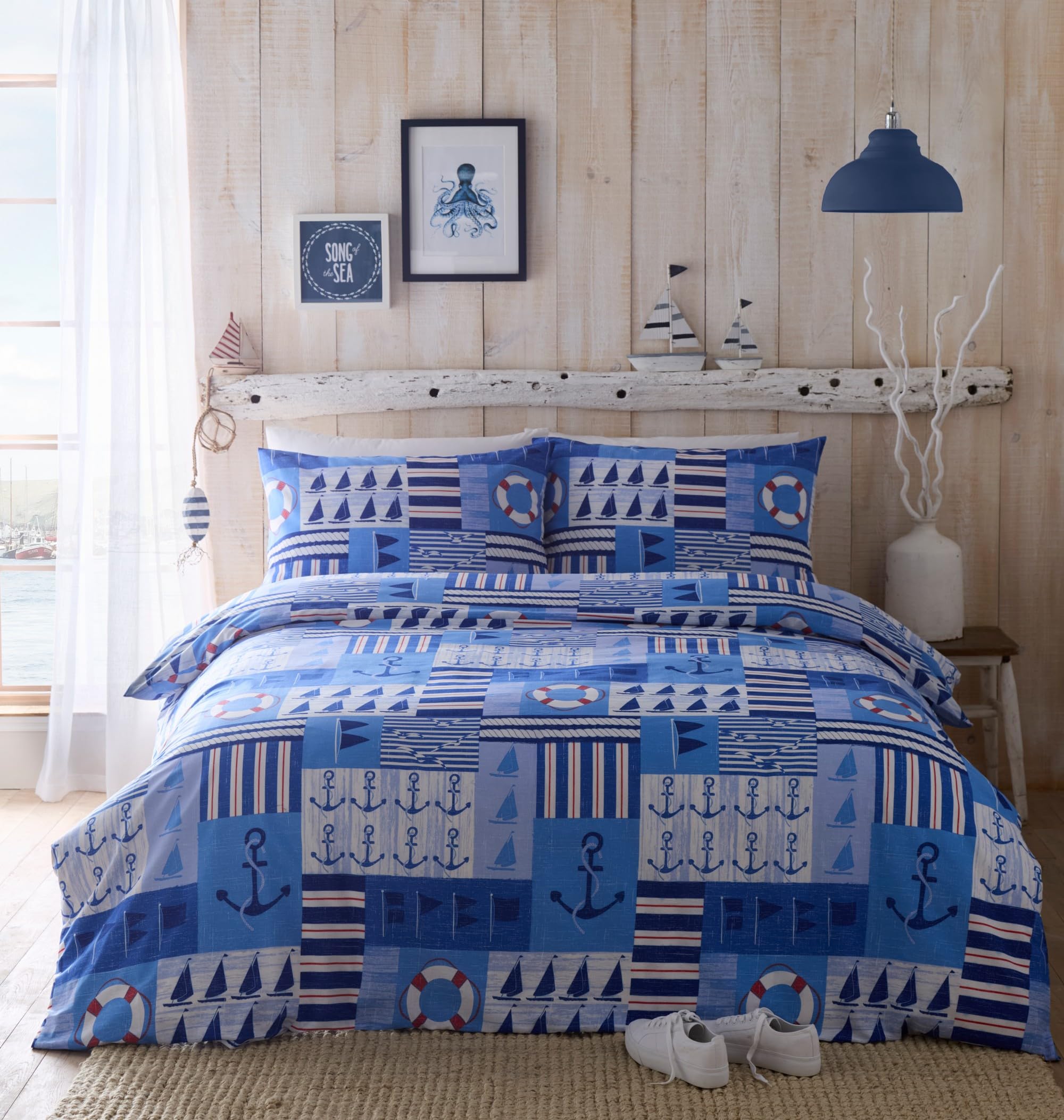 Portfolio Home Regatta Nautical Blue Double Reversible Soft Easy Care Bed Linen Bedding Duvet Cover Quilt Set With Pillow Cases