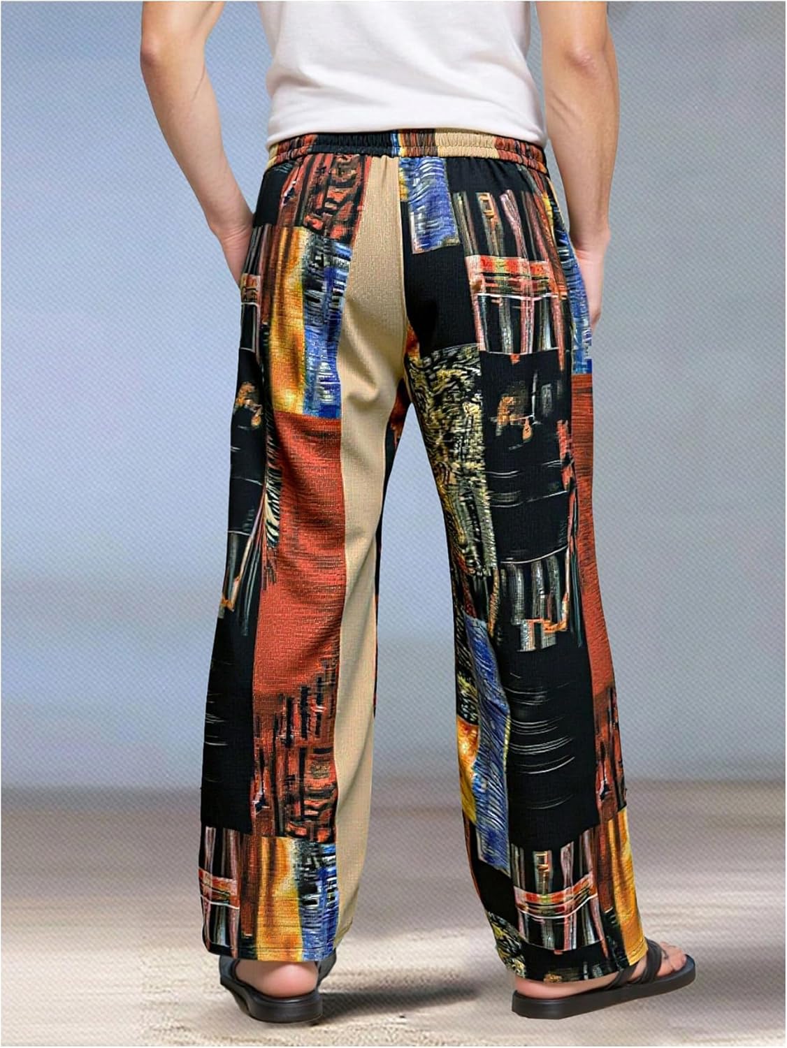 GORGLITTER Men's Patchwork Pants Drawstring Waist Wide Leg Baggy Wide Leg Pants Summer Vacation Beach Trousers - Image 3