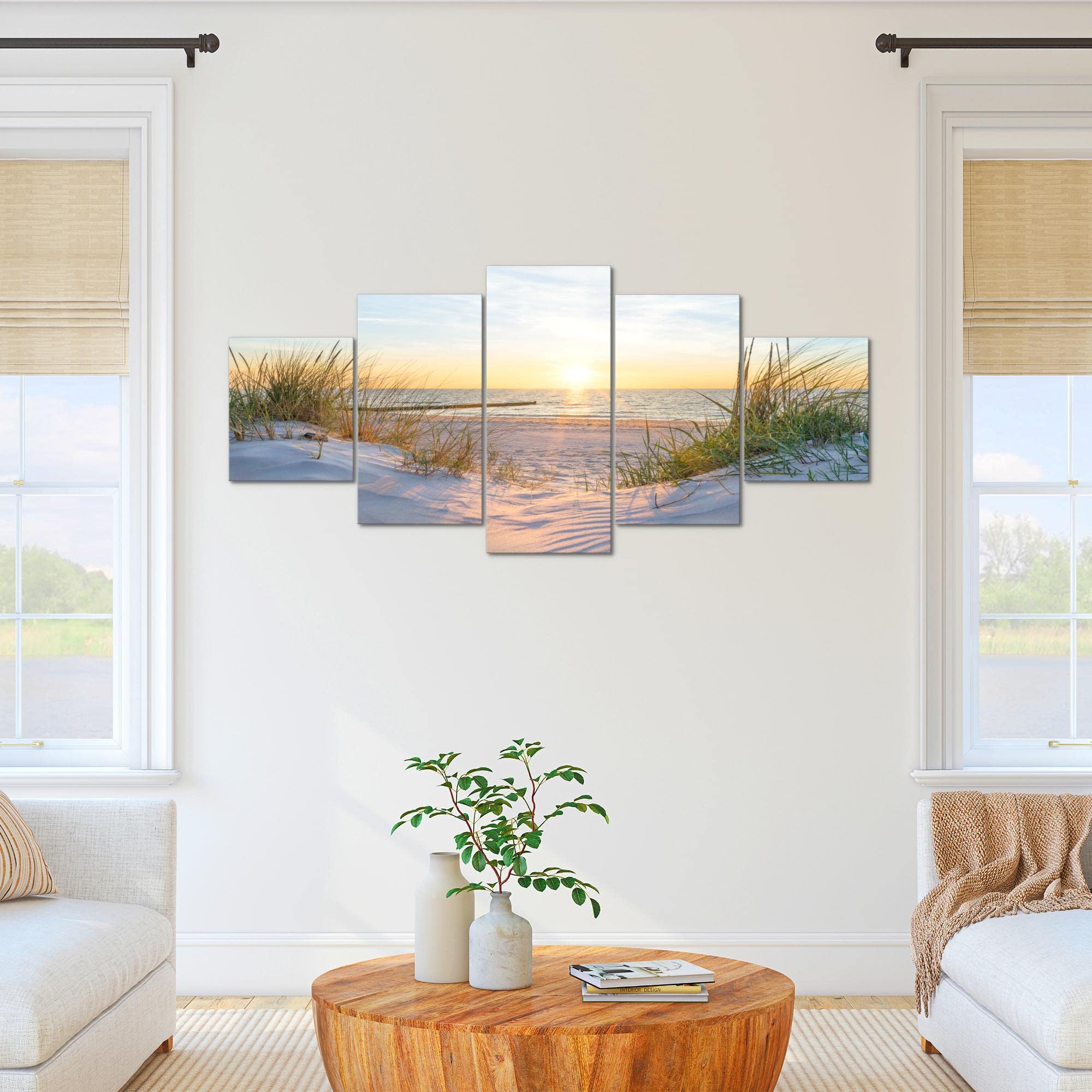 Runa Art - Quadri Spiaggia Tramonto 200 x 100 cm 5 Pezzi XXL Decorazione Murale Design Beige blu 041751a