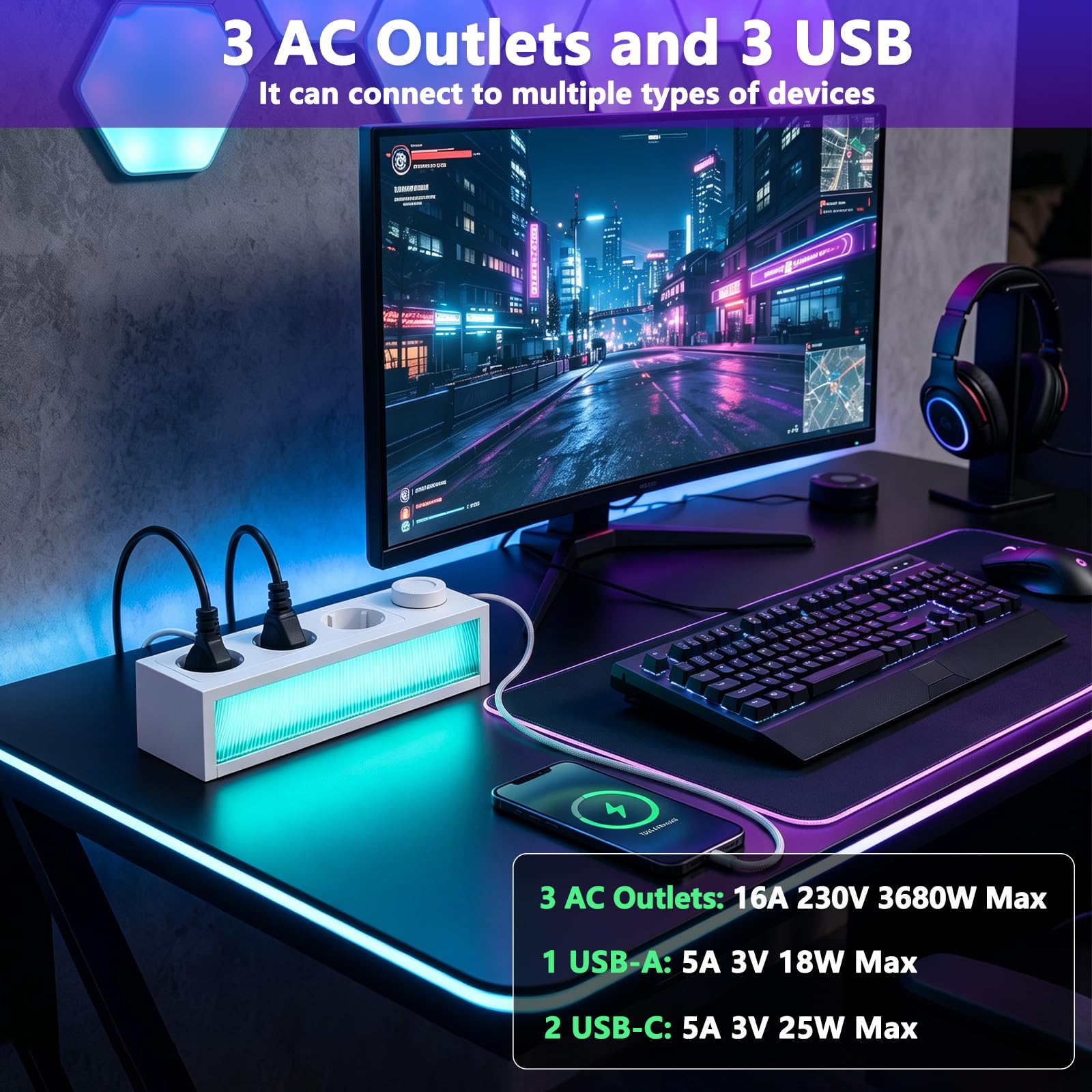 Listwa zasilająca z białym światłem RGB, 7 w 1 gniazdo wtykowe (3 gniazda, 3 USB), gniazdko + światło neonowe + lampka nocna, 3680 W, wtyczka wielokrotna z ochroną przed przepięciem, kabel 1,5 m, do