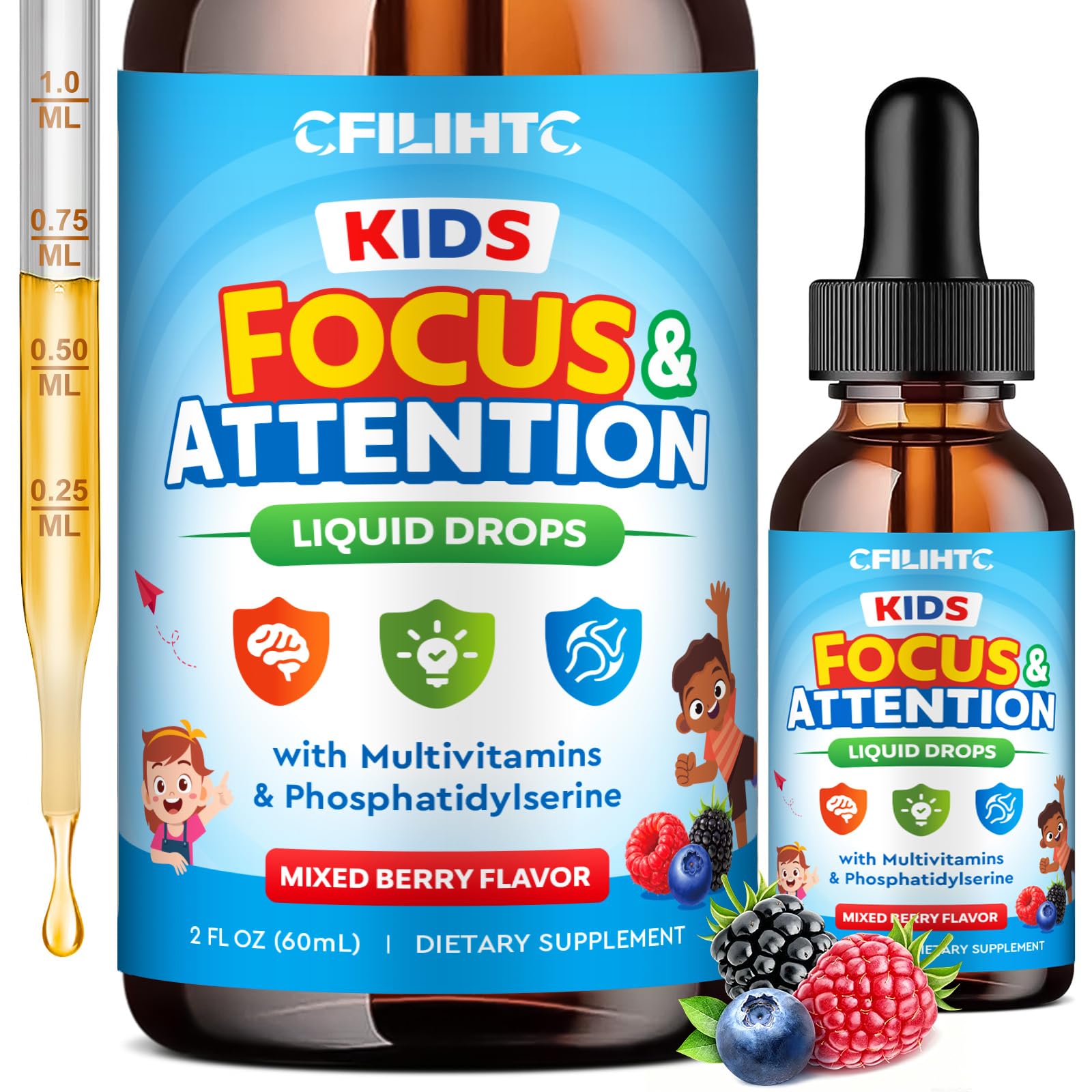 Kids Focus and Attention Supplements with Phosphatidylserine, Omega-3, Magnesium Glycinate & L-Theanine, Brain Vitamins Liquid Drops for Kids Memory, Cognitive, Calm & Mood, Mixed Berry, 2 Fl Oz Mixed Berry 2 Fl Oz (Pack of 1)