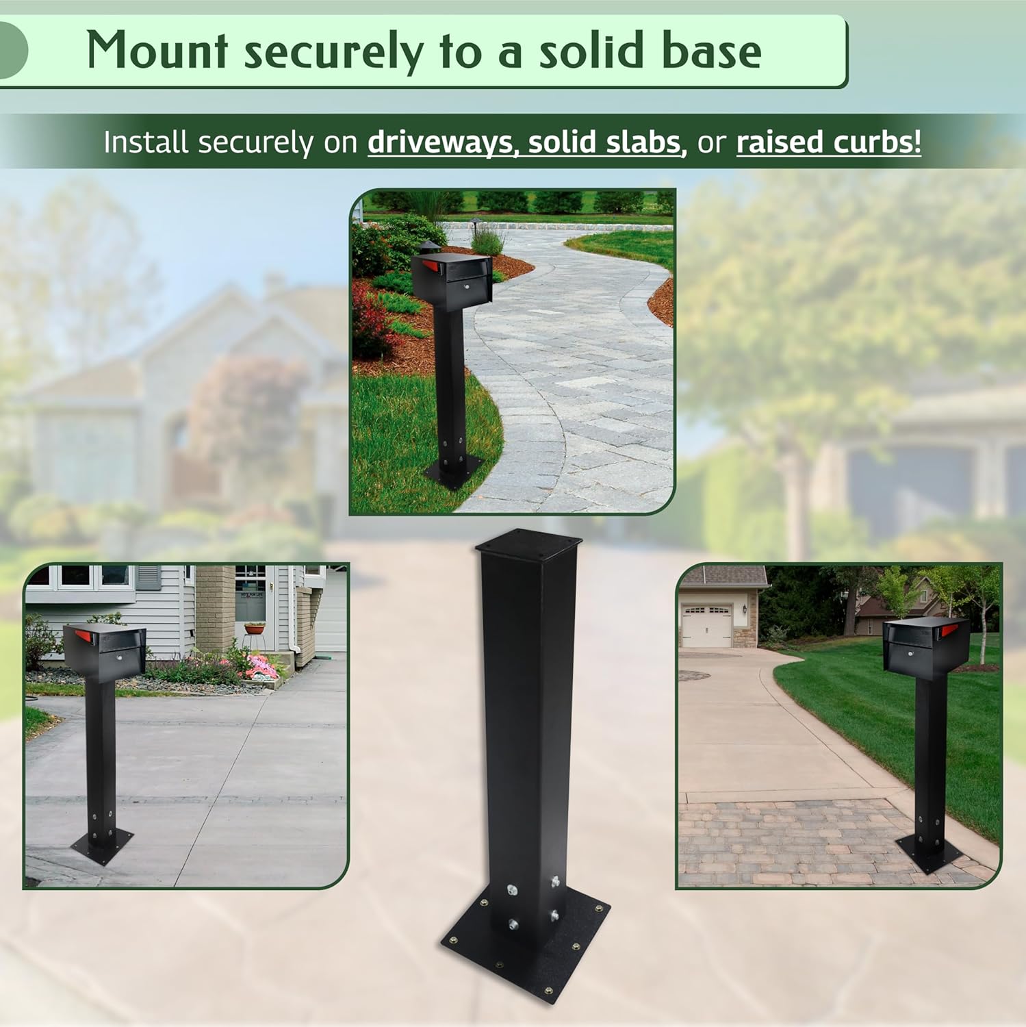 FEBTECH- 27 x 4 x 4 Inch Mailbox Post and Base Combo - Heavy Duty Powder Coated Carbon Steel Mail Box Post with Base for Outside Sidewalks, Curbside - DIY Mailbox Post Kit