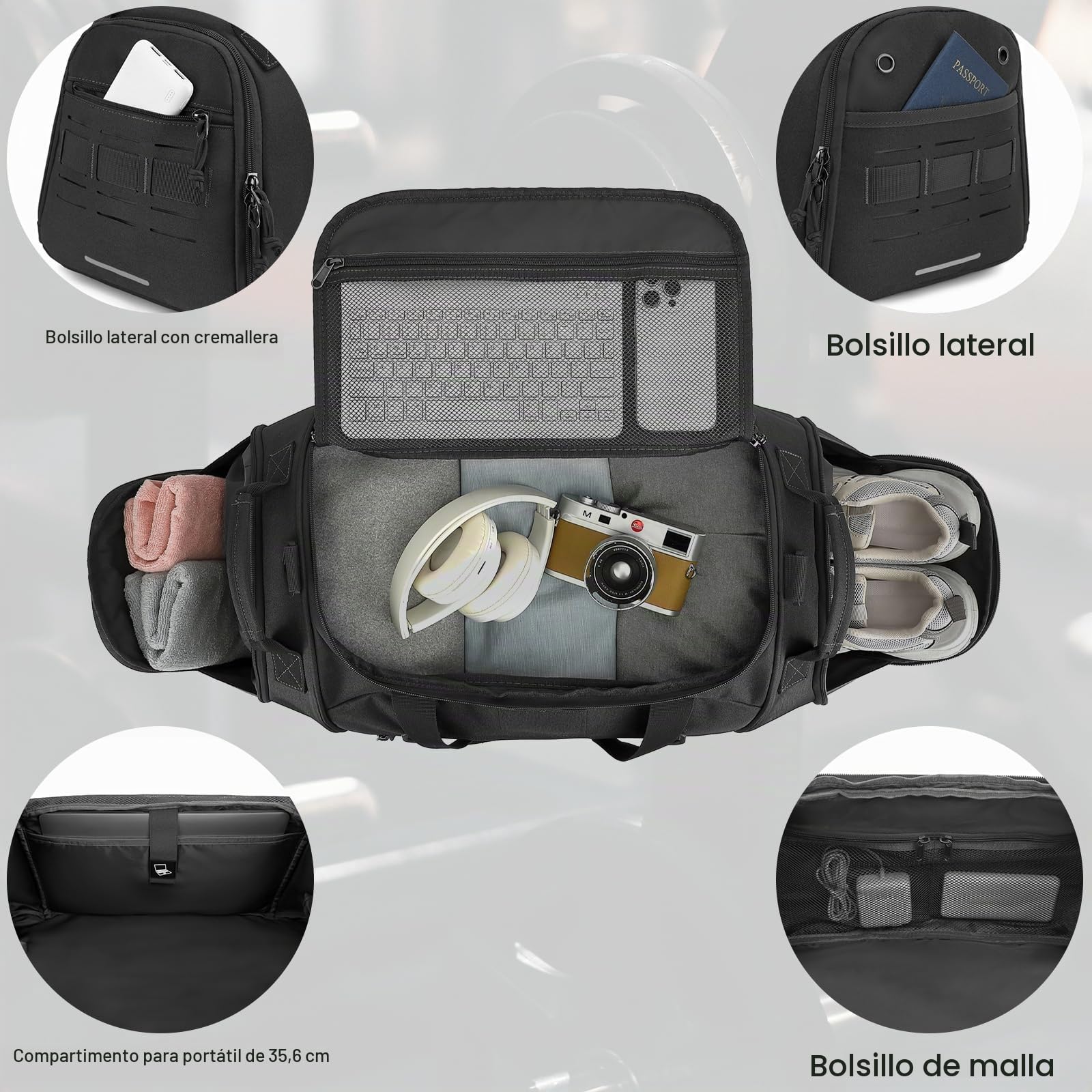 Bolsa de Deporte Táctica para Hombre 45 litros Bolsa Gimnasio con Compartimento Zapatos Militar Bolsas Viaje Mediana para Entrenamiento, Deportes, Fitness, Negro
