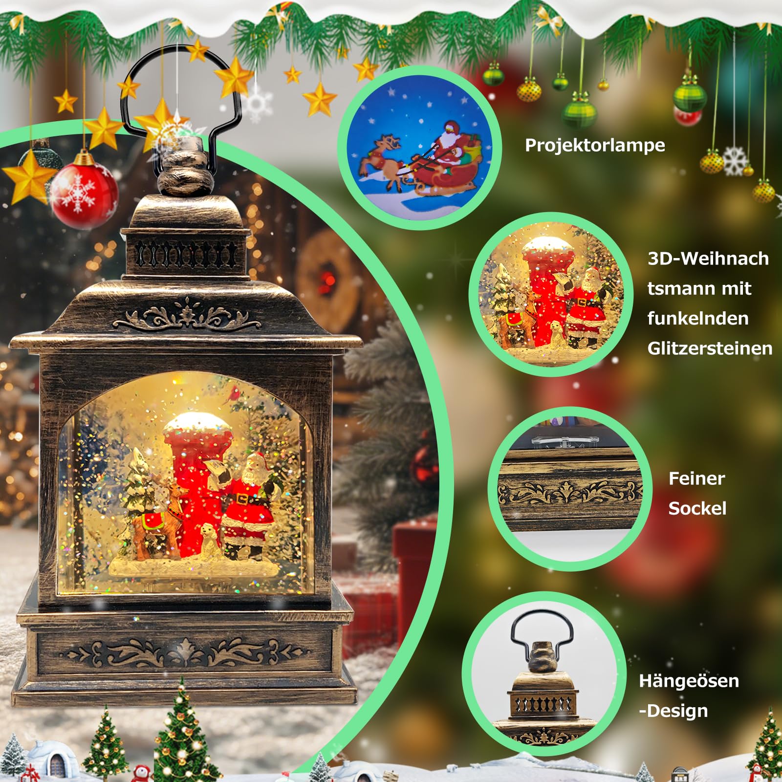Weihnachts Schneekugel Laterne mit Zeitschaltuhr, Beleuchtete USB/batteriebetriebene Wirbelnde Singende Wasserlaterne mit Projektion, Schneekugel Laterne für Erwachsene Kinder, Weihnachtsdekoration