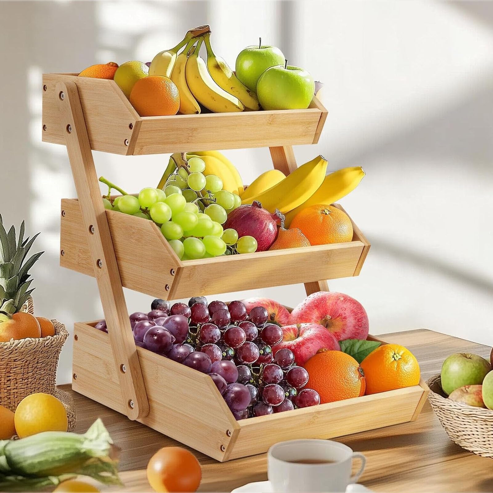 Estantería De Bambú De 2/3 Niveles Para Frutas Y Verduras, Cesta Para Pan, Organizador De Frutas Y Verduras, Soporte De Madera Para Almacenar Pan, Para Mostrador(3-Tier)