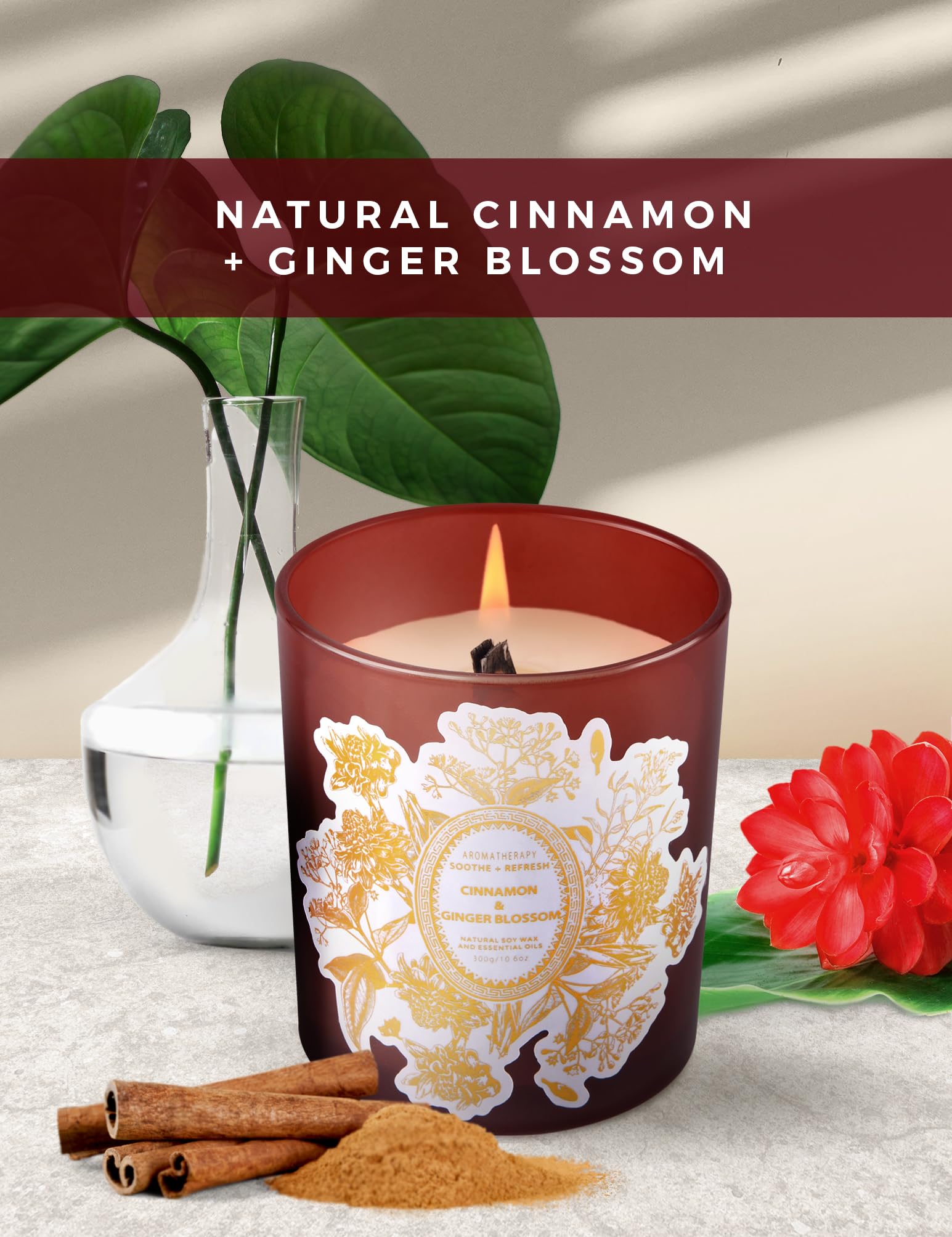 Candela alla cannella e fiori di zenzero, candele primaverili per la casa, candele di soia naturali bruciate pulite, grandi candele in legno altamente profumate, per aromaterapia, antistress, regalo